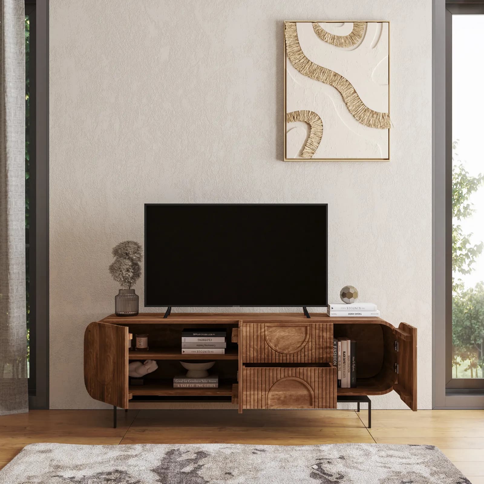 Mobile porta tv 160x55h cm in legno di mango cannettato miele con 3 ante e 2 cassetti - Mahika Round