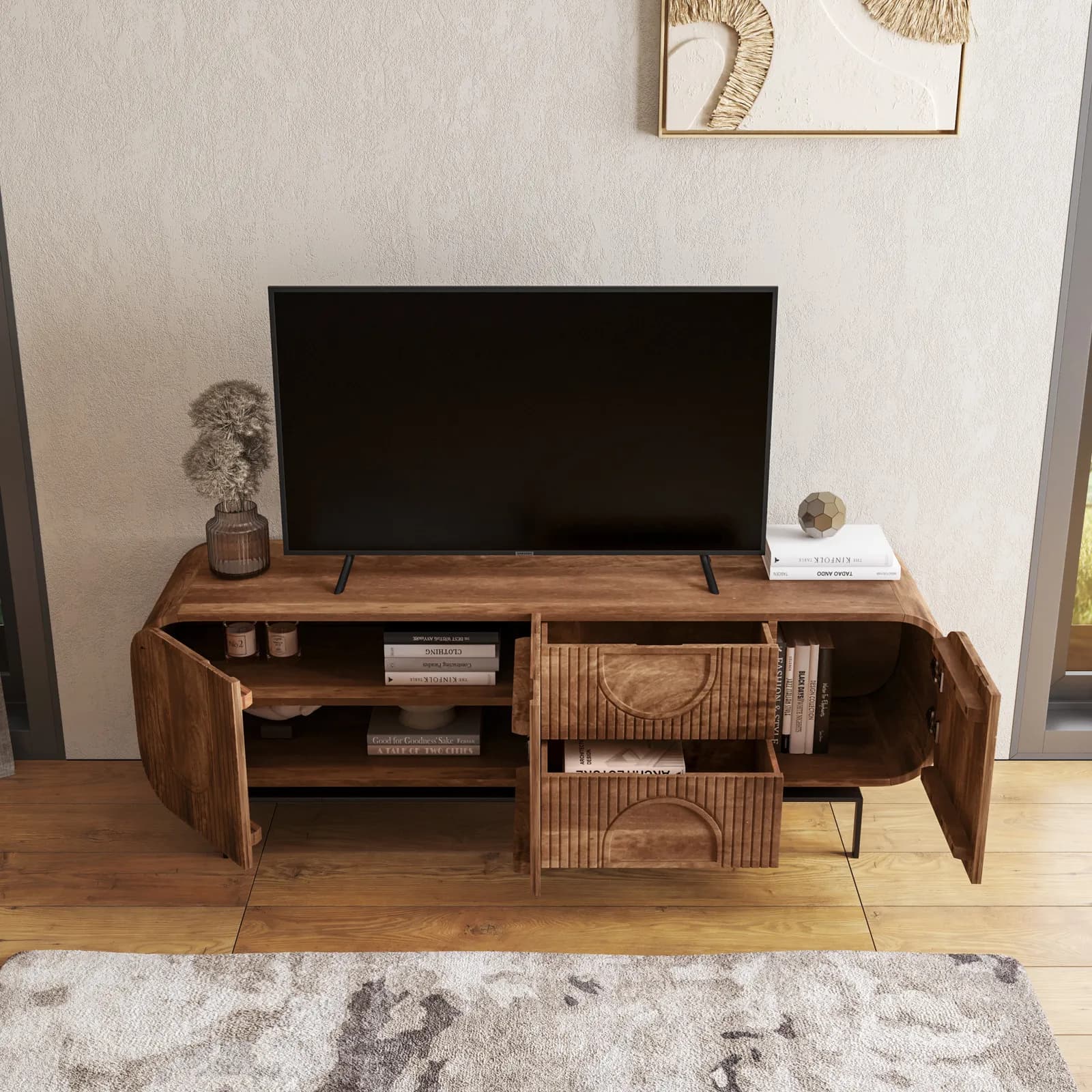 Mobile porta tv 160x55h cm in legno di mango cannettato miele con 3 ante e 2 cassetti - Mahika Round