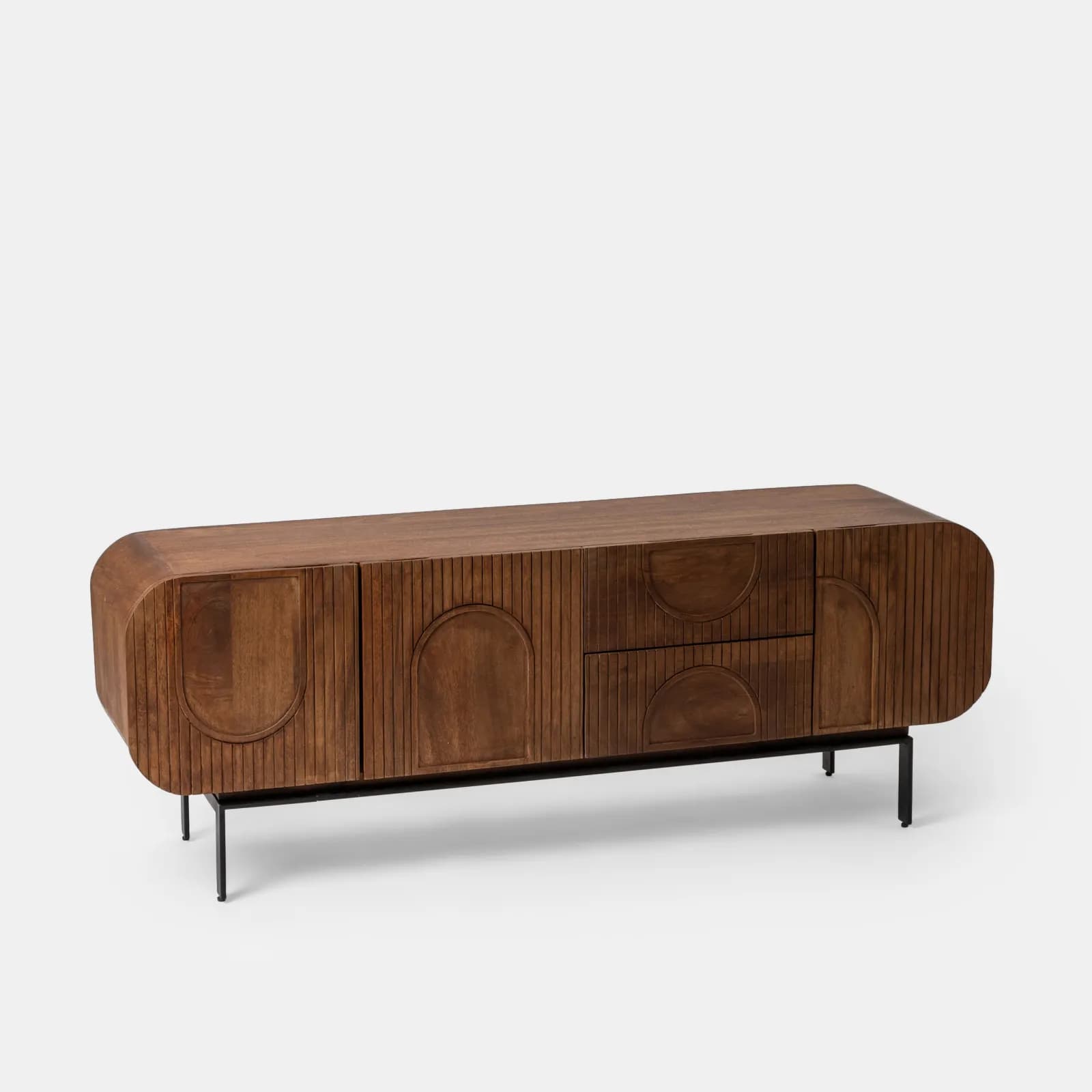 Mobile porta tv 160x55h cm in legno di mango cannettato miele con 3 ante e 2 cassetti - Mahika Round