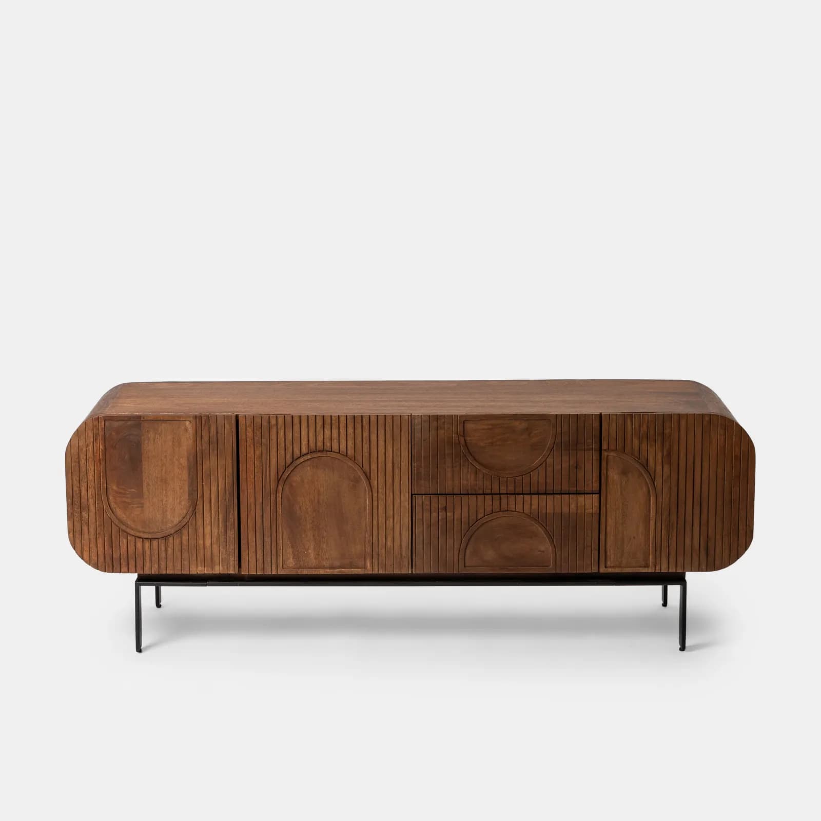 Mobile porta tv 160x55h cm in legno di mango cannettato miele con 3 ante e 2 cassetti - Mahika Round