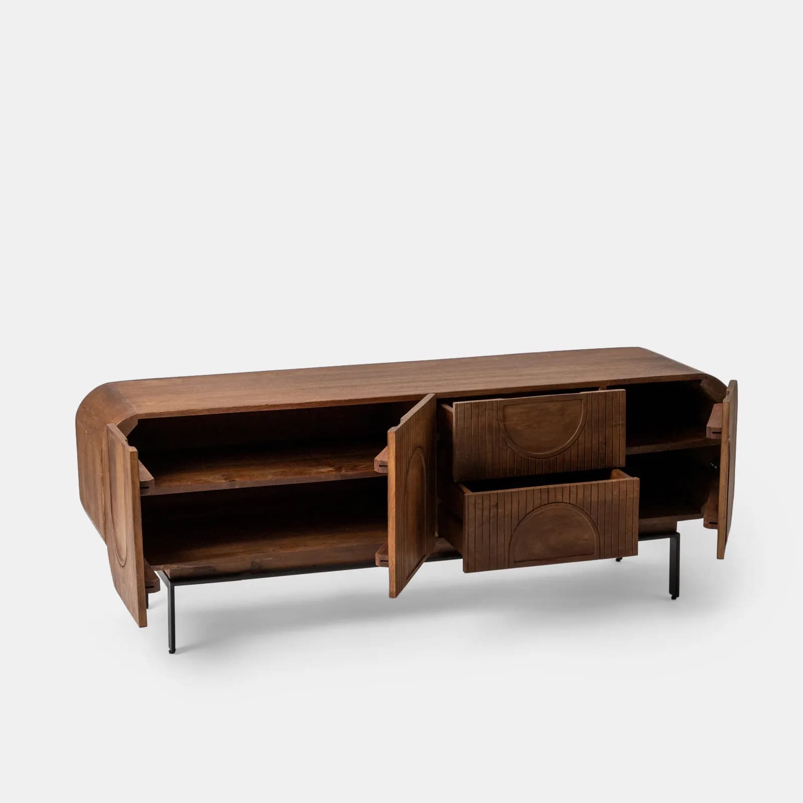 Mobile porta tv 160x55h cm in legno di mango cannettato miele con 3 ante e 2 cassetti - Mahika Round