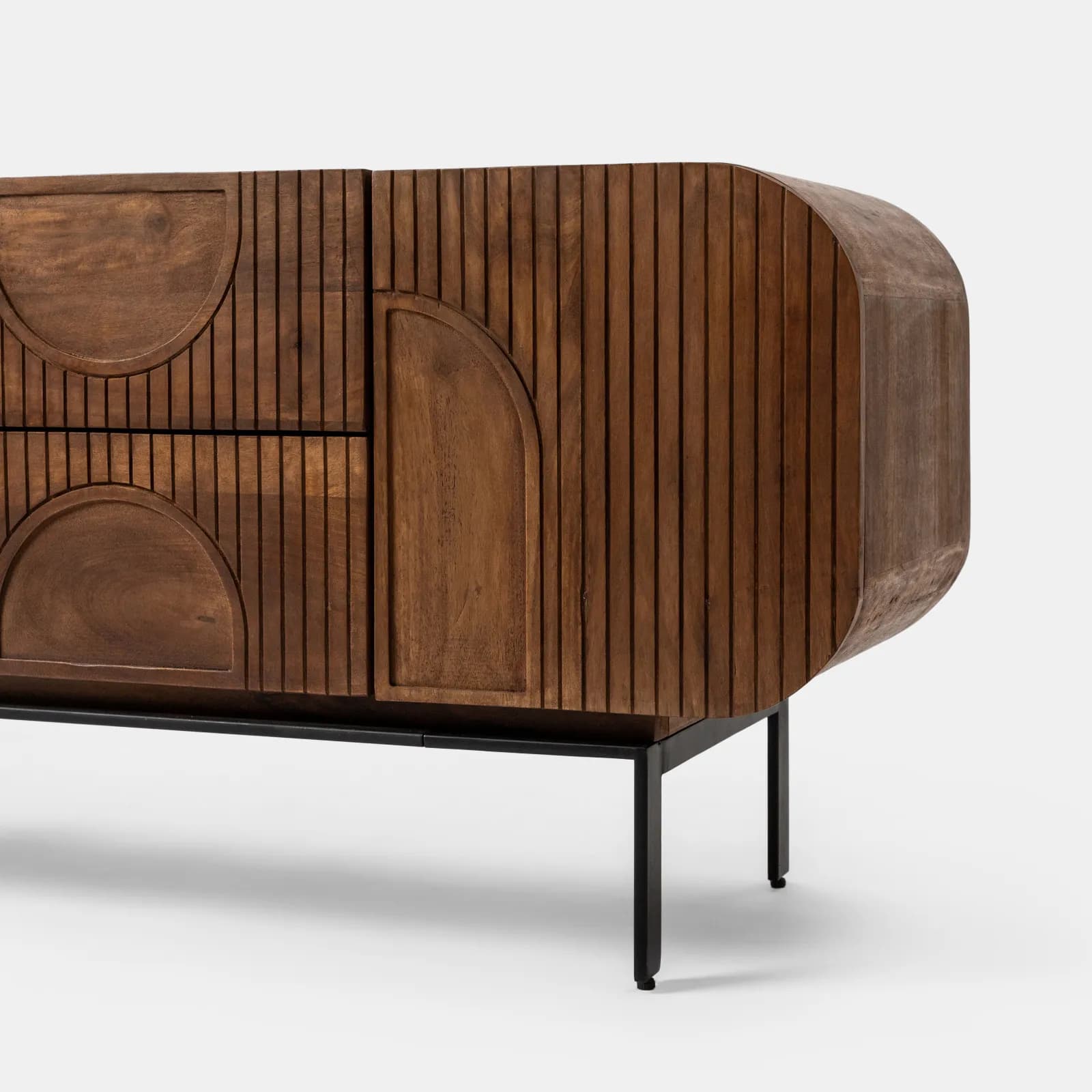 Mobile porta tv 160x55h cm in legno di mango cannettato miele con 3 ante e 2 cassetti - Mahika Round