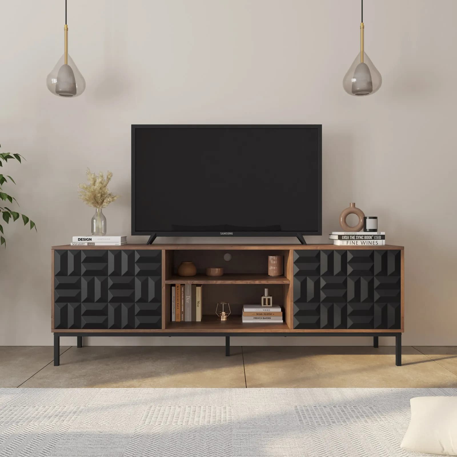 Mobile porta tv 160x55h cm noce ombra e nero con motivo in rilievo e 2 ante sot close - Museum