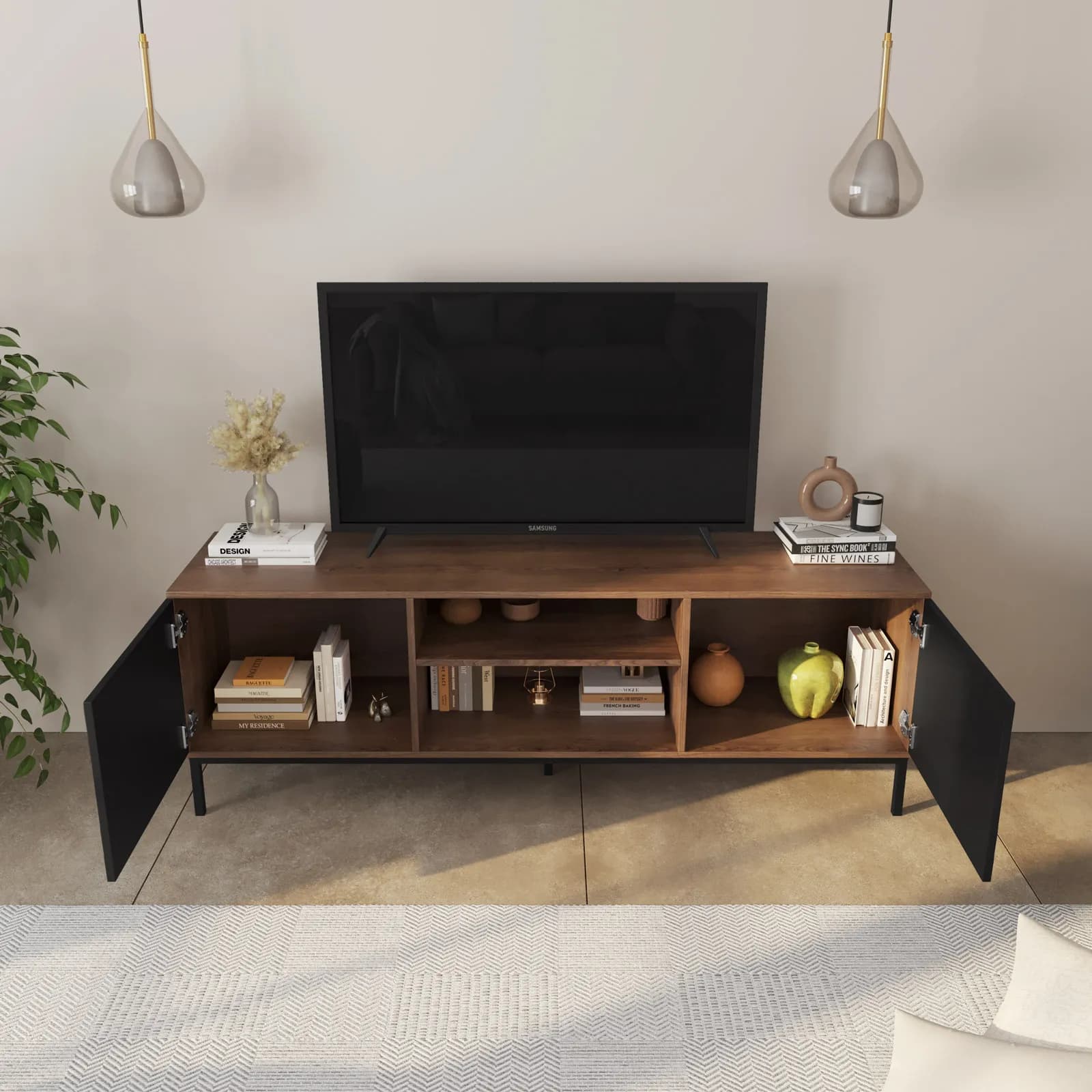 Mobile porta tv 160x55h cm noce ombra e nero con motivo in rilievo e 2 ante sot close - Museum