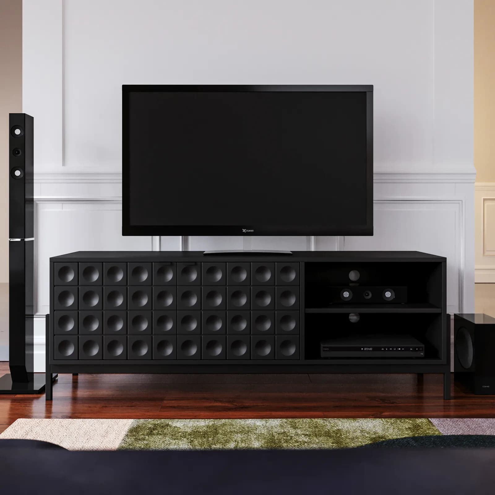 Mobile porta tv 163x58h cm nero con piedi in metallo e 2 ante soft close - Miara