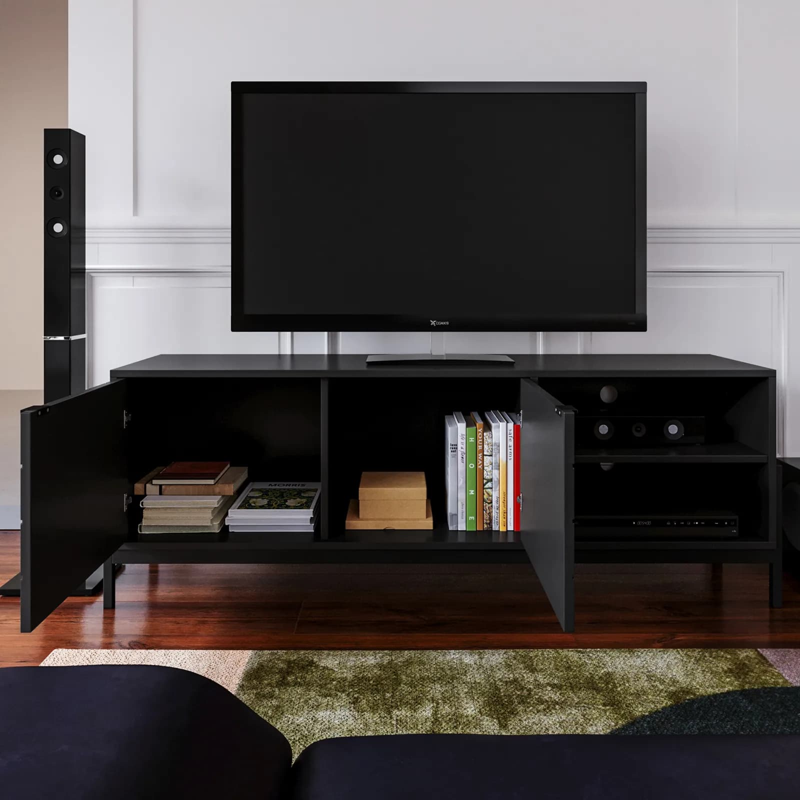 Mobile porta tv 163x58h cm nero con piedi in metallo e 2 ante soft close - Miara