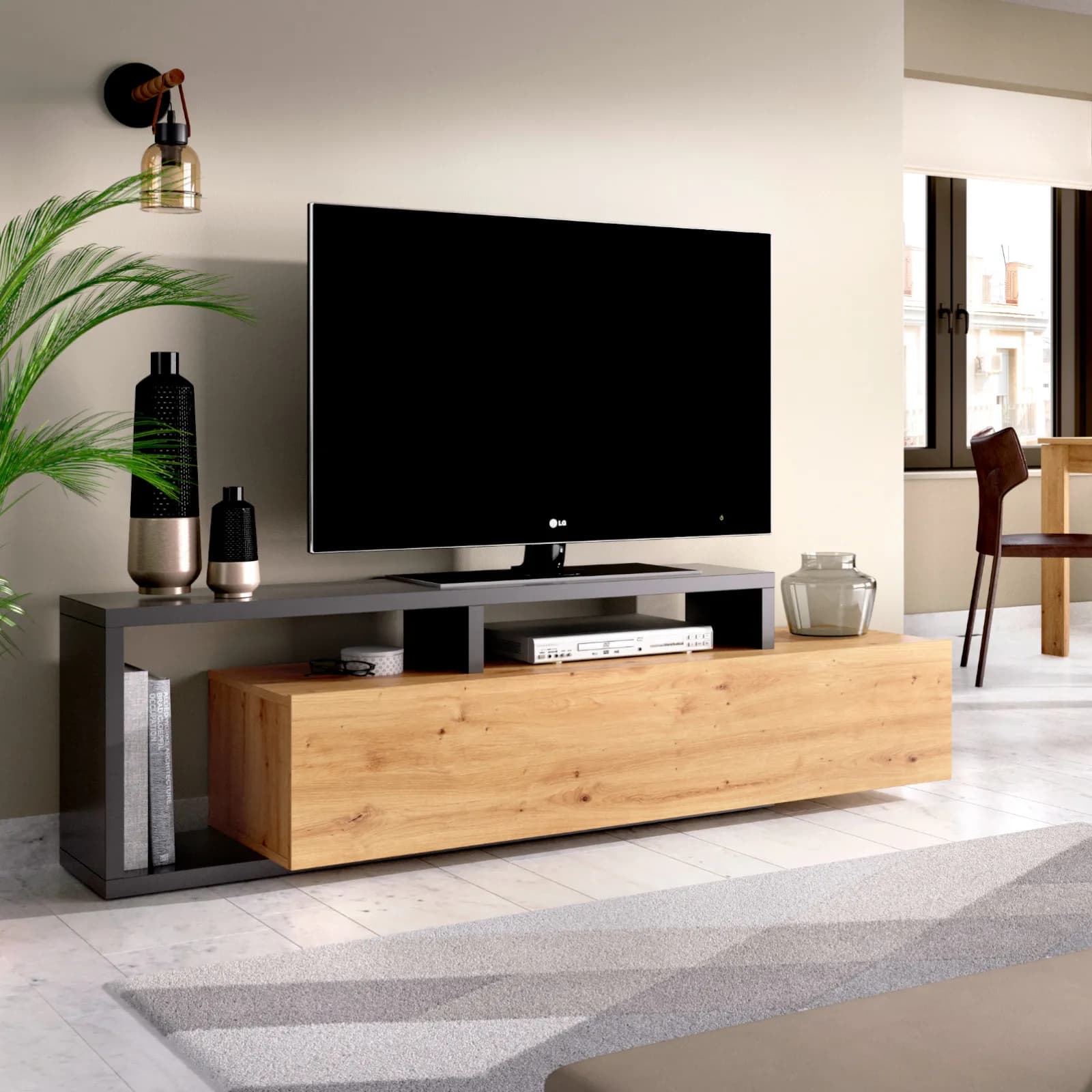 Mobile porta TV 165 cm in legno rovere nordico e grafite - Maril