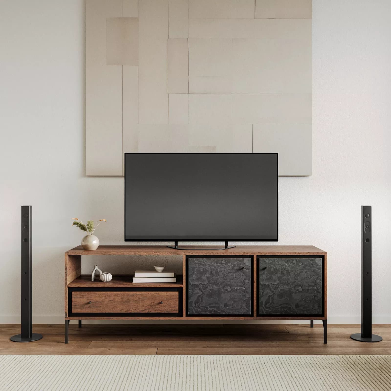 Porta tv 175x62h cm in legno di acacia con ante e cassetto - Freia Acacia