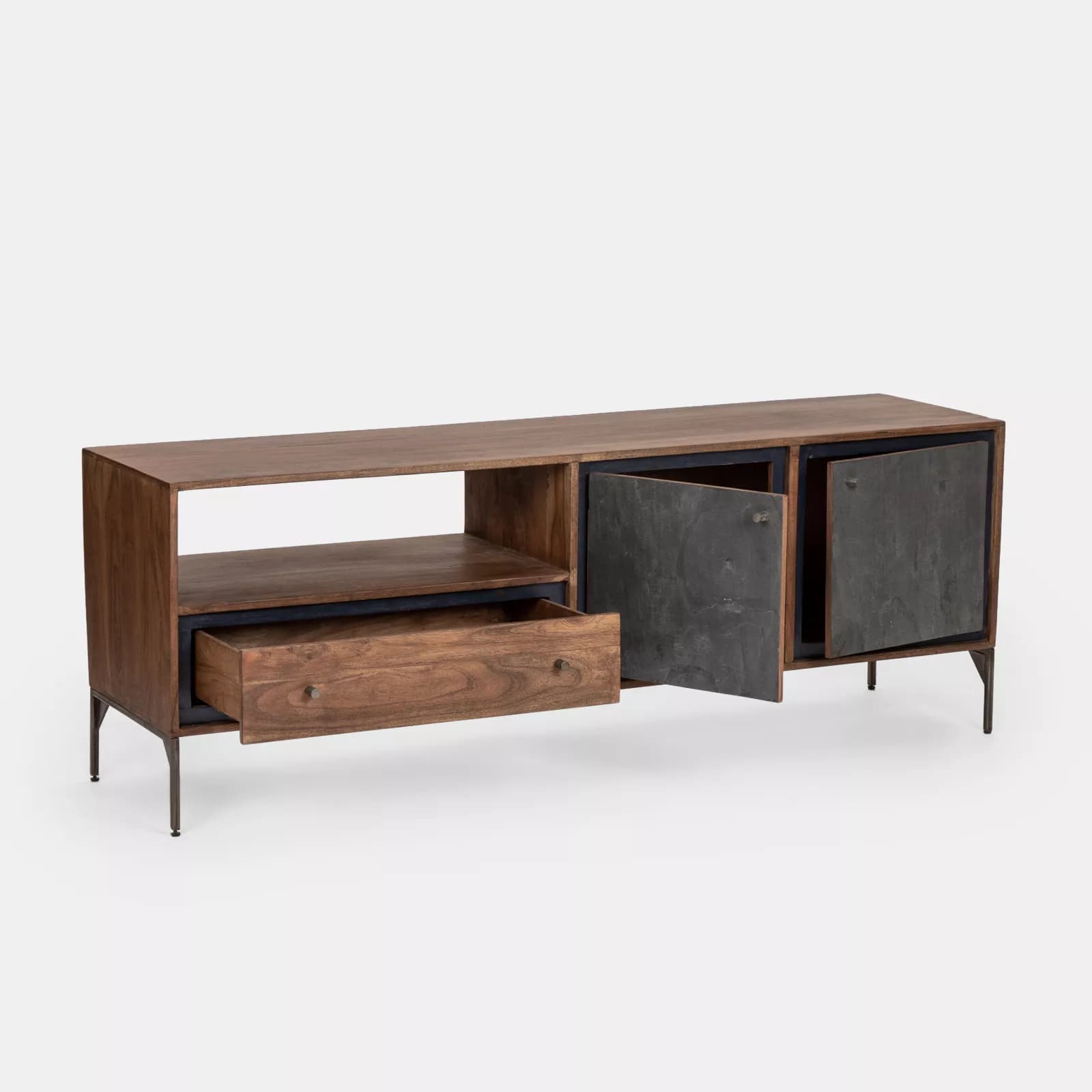 Porta tv 175x62h cm in legno di acacia con ante e cassetto - Freia Acacia