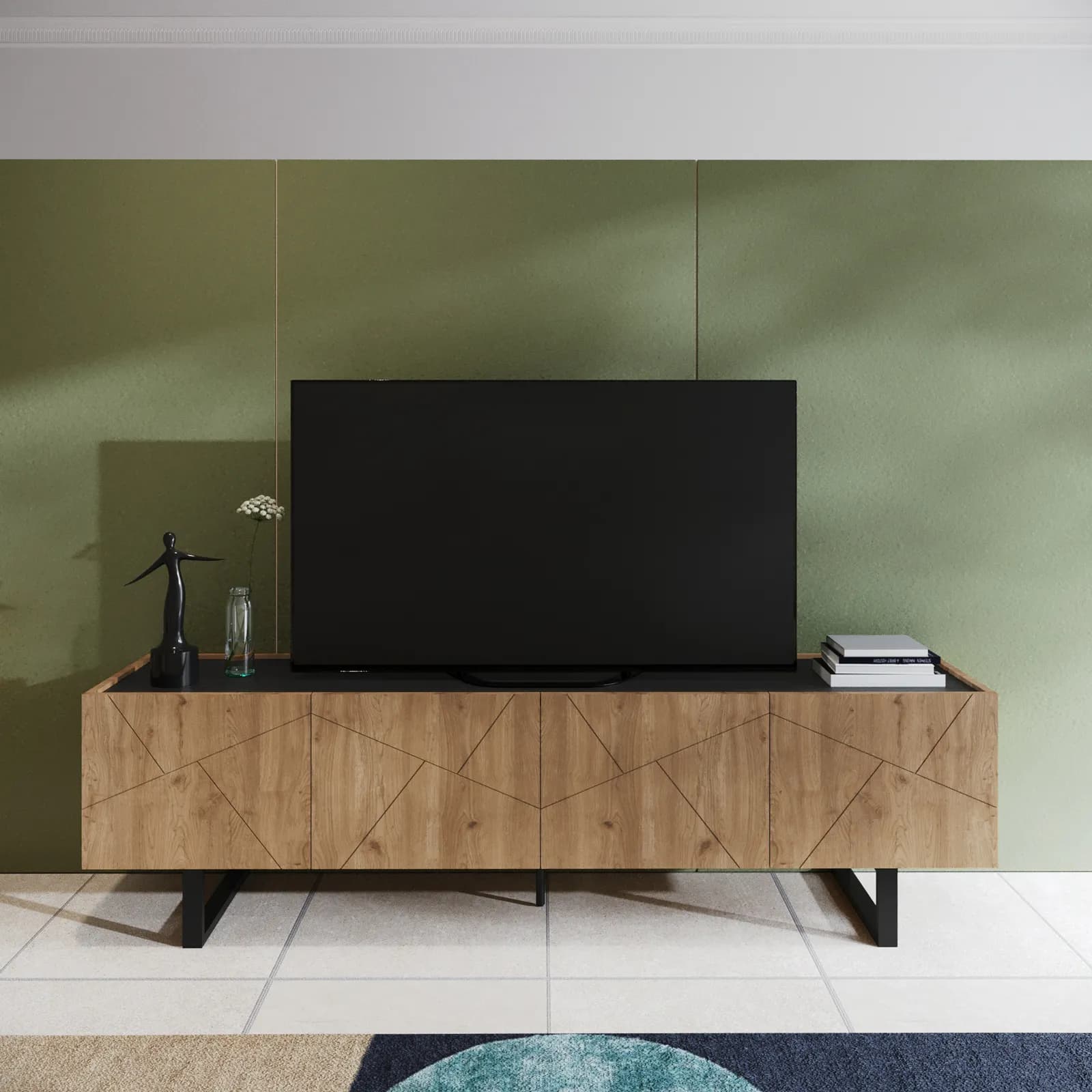 Mobile porta tv 180x52h cm effetto rovere con 4 ante e intarsi geometrici - Naoko