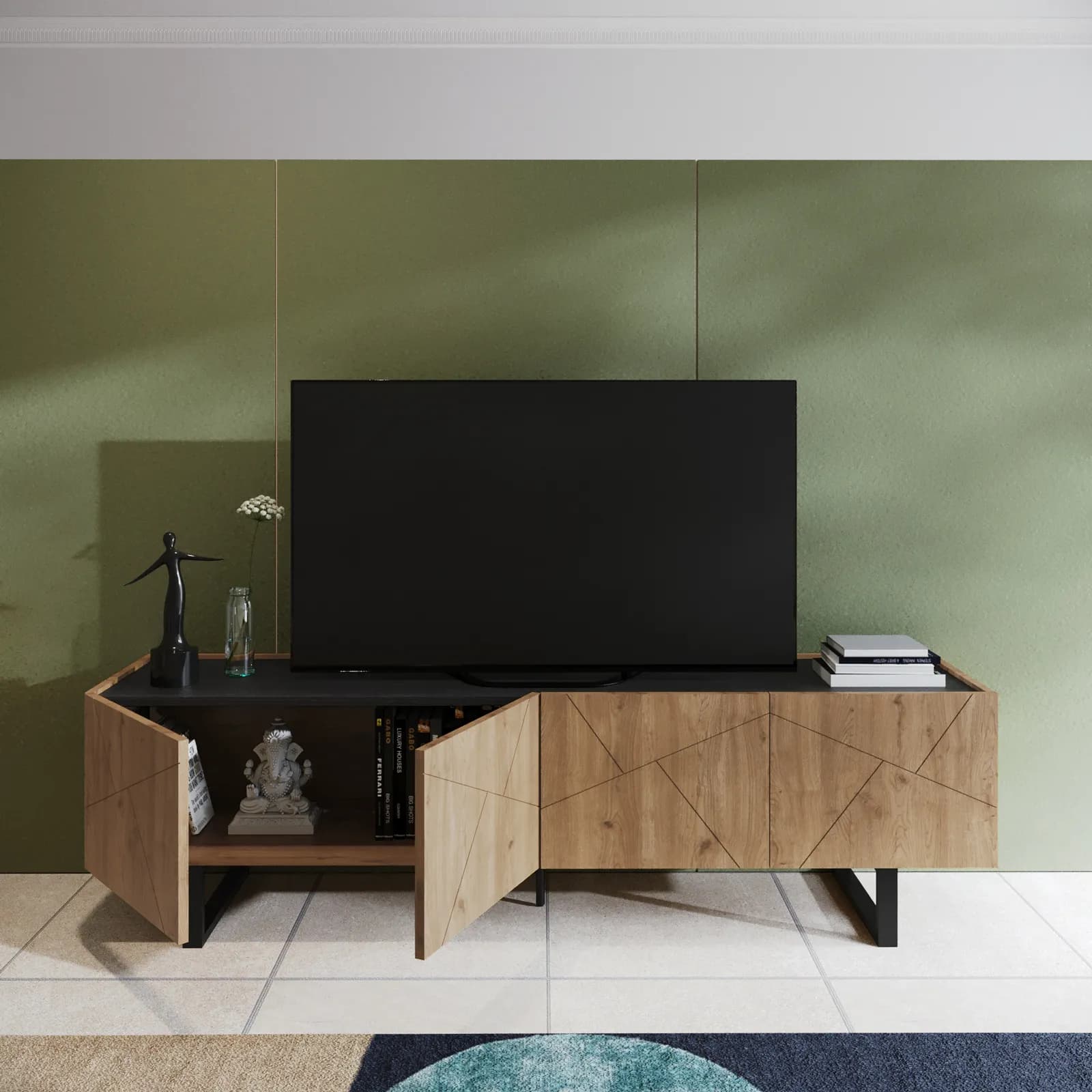 Mobile porta tv 180x52h cm effetto rovere con 4 ante e intarsi geometrici - Naoko