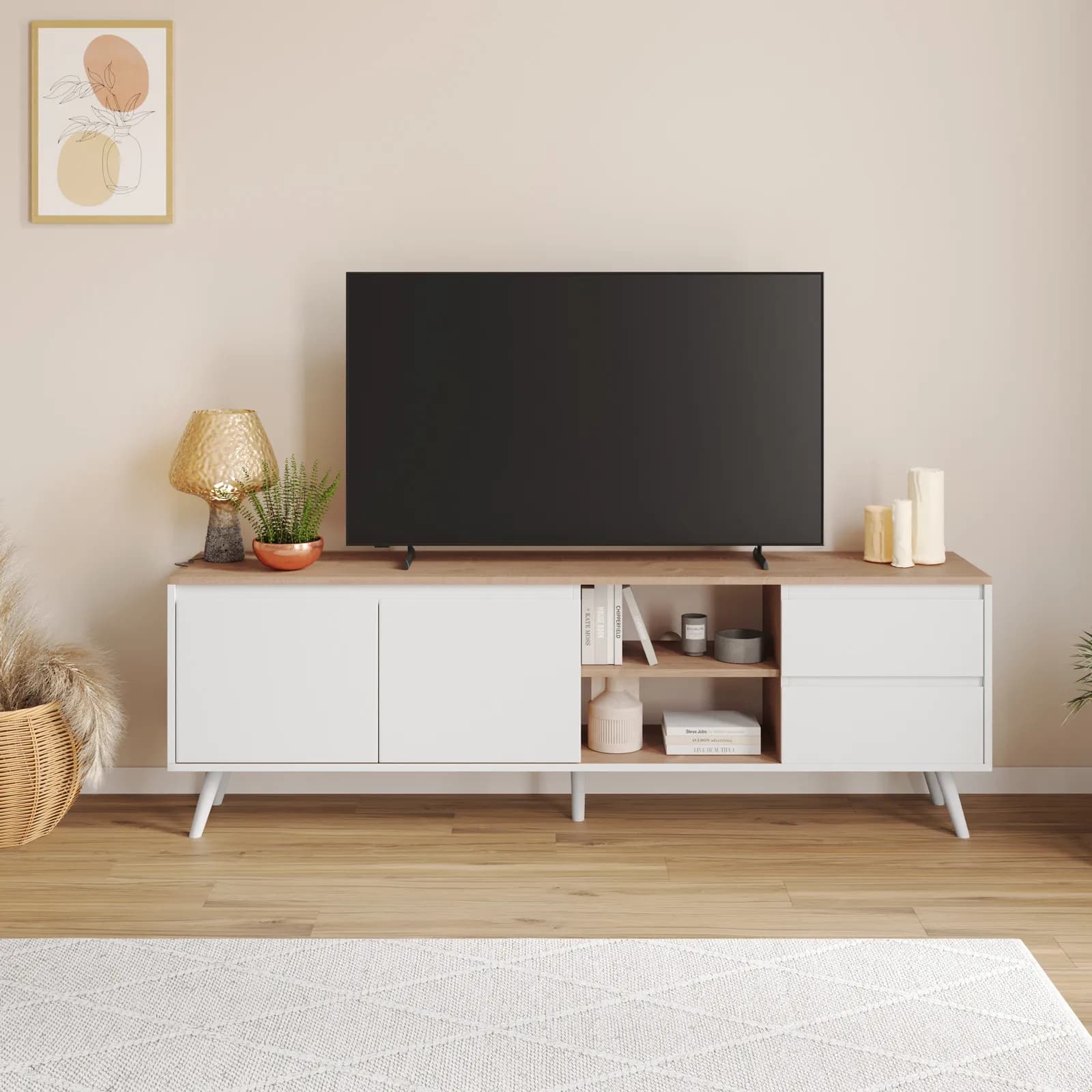 Mobile porta tv 186x59h cm effetto rovere con 2 ante e 2 cassetti bianco - Jaydence