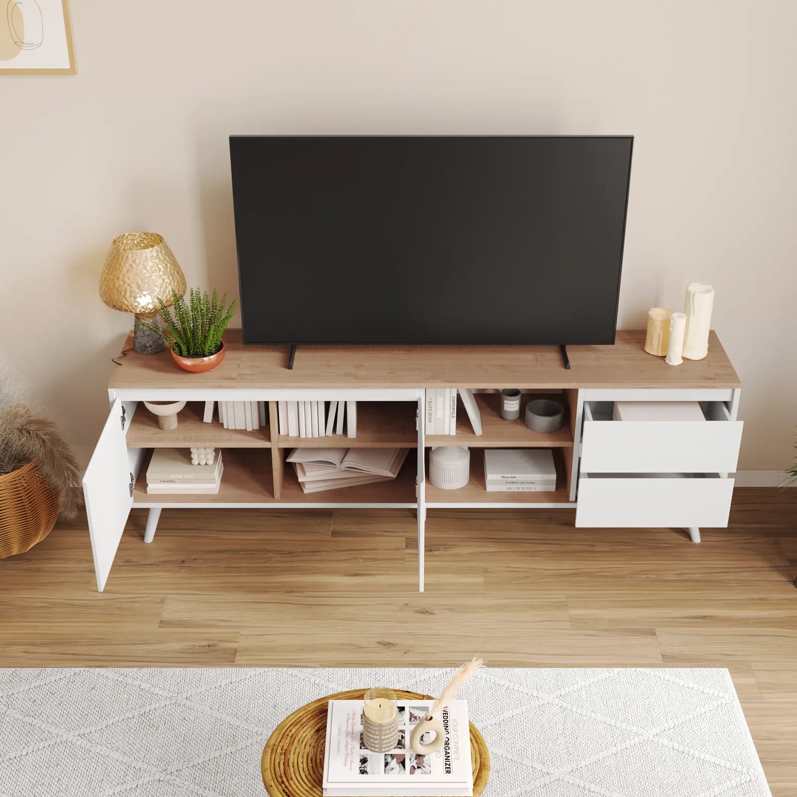 Mobile porta tv 186x59h cm effetto rovere con 2 ante e 2 cassetti bianco - Jaydence
