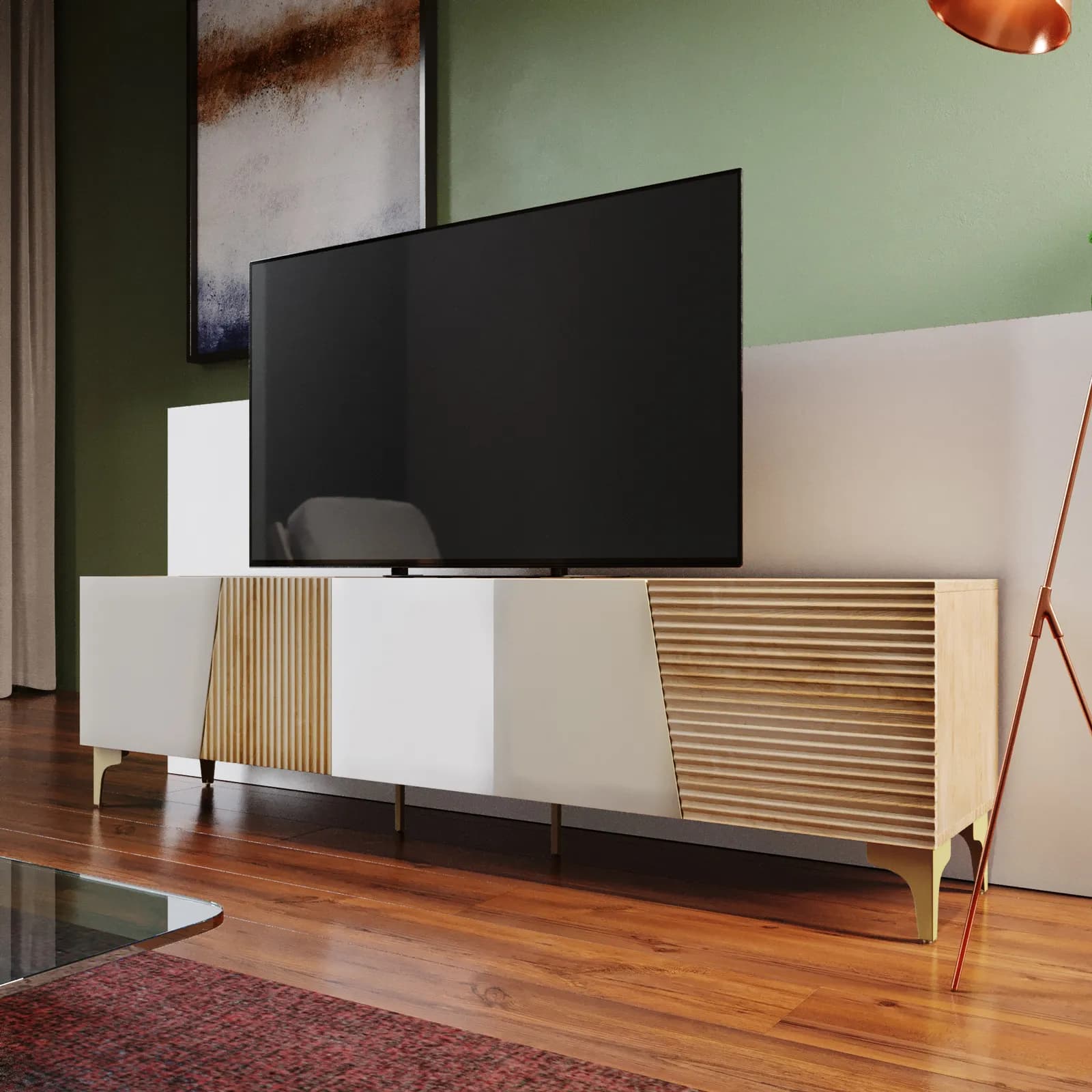 Mobile porta tv 200x55h cm rovere cannettato e cashmere con 5 ante soft close e gambe in metallo oro - Quinara