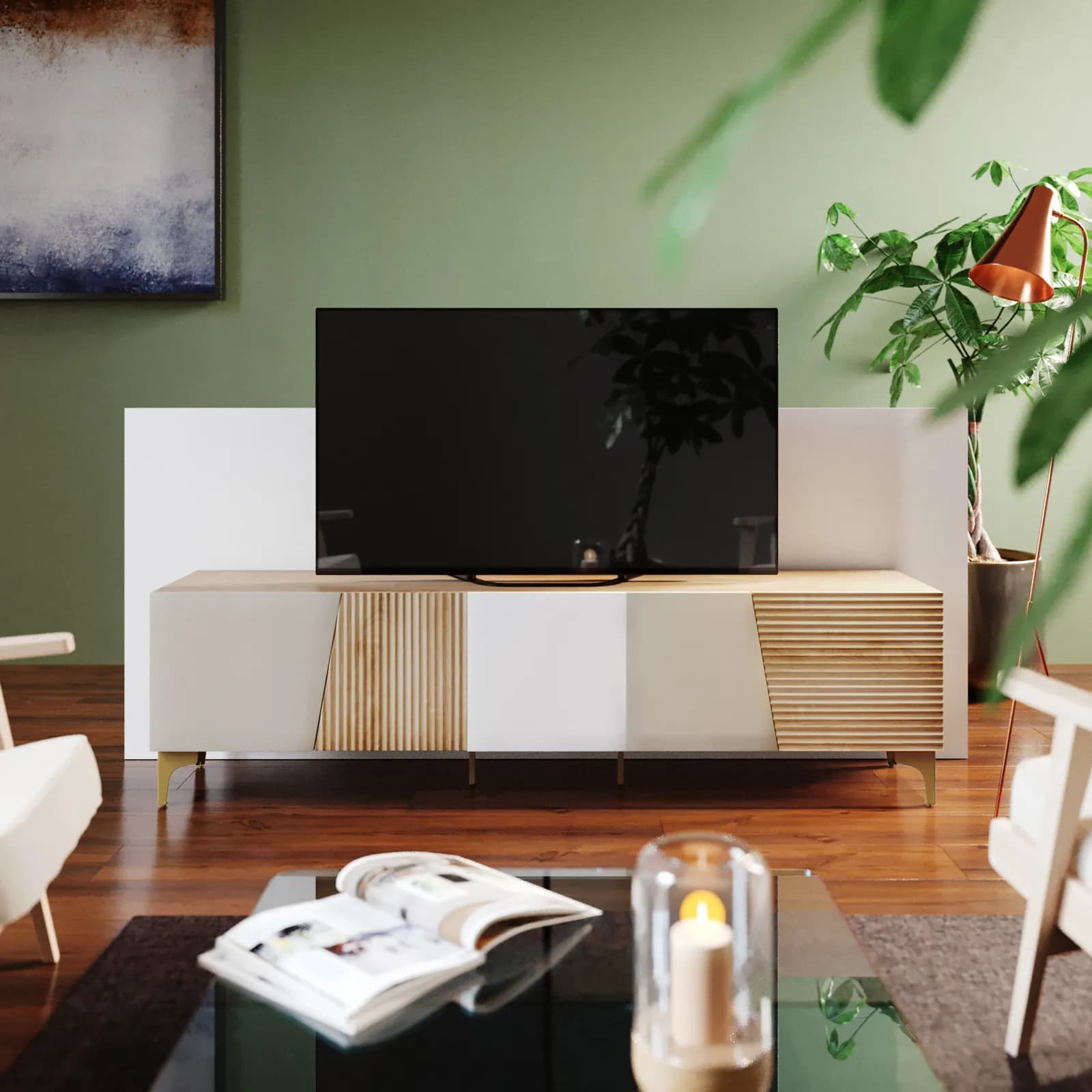 Mobile porta tv 200x55h cm rovere cannettato e cashmere con 5 ante soft close e gambe in metallo oro - Quinara