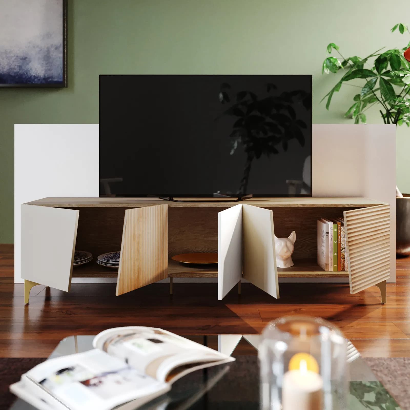 Mobile porta tv 200x55h cm rovere cannettato e cashmere con 5 ante soft close e gambe in metallo oro - Quinara