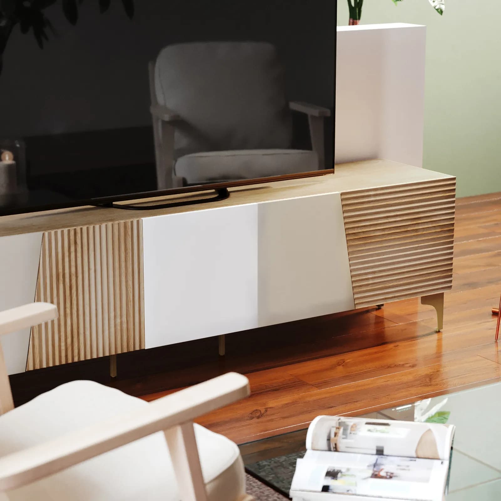 Mobile porta tv 200x55h cm rovere cannettato e cashmere con 5 ante soft close e gambe in metallo oro - Quinara