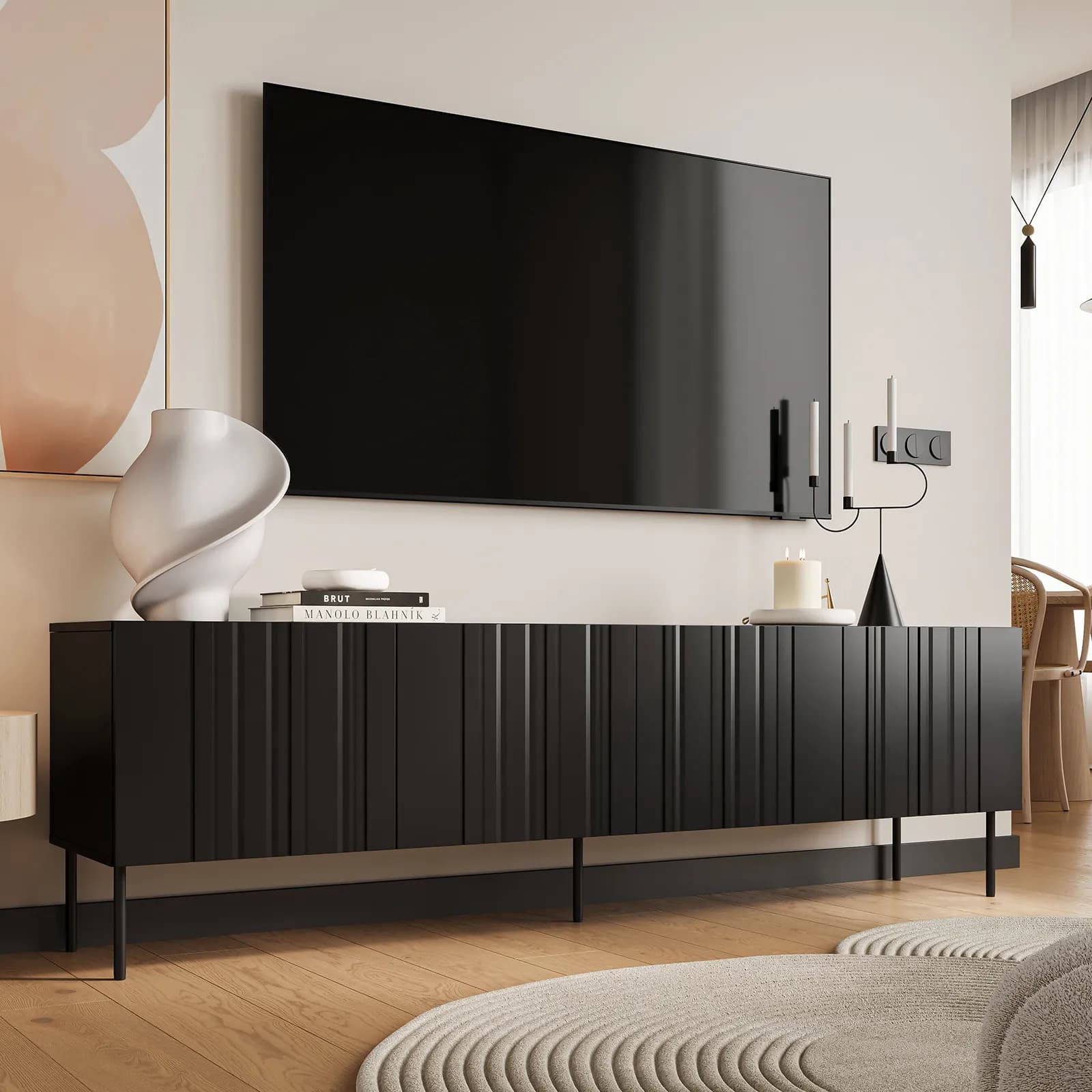 Mobile porta tv 200x60h cm nero cannettato alternato con 4 ante e piedi in metallo finitura opaca - Gladys