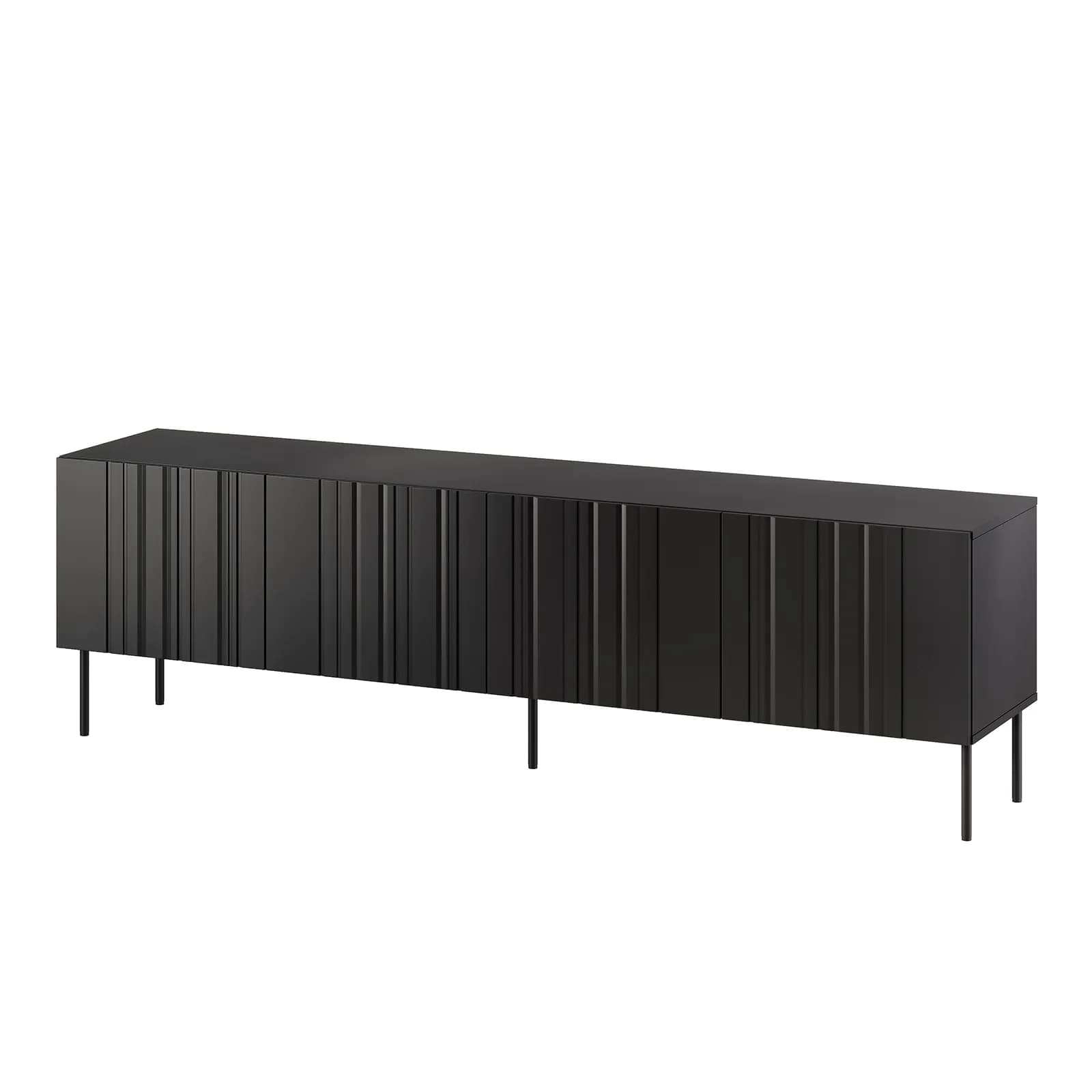 Mobile porta tv 200x60h cm nero cannettato alternato con 4 ante e piedi in metallo finitura opaca - Gladys