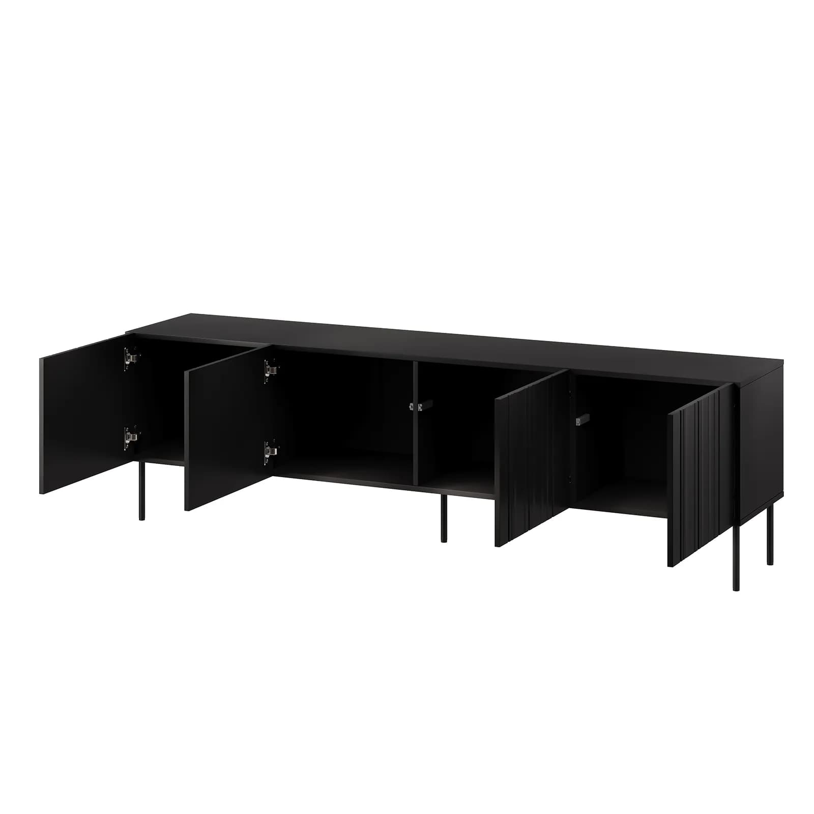 Mobile porta tv 200x60h cm nero cannettato alternato con 4 ante e piedi in metallo finitura opaca - Gladys
