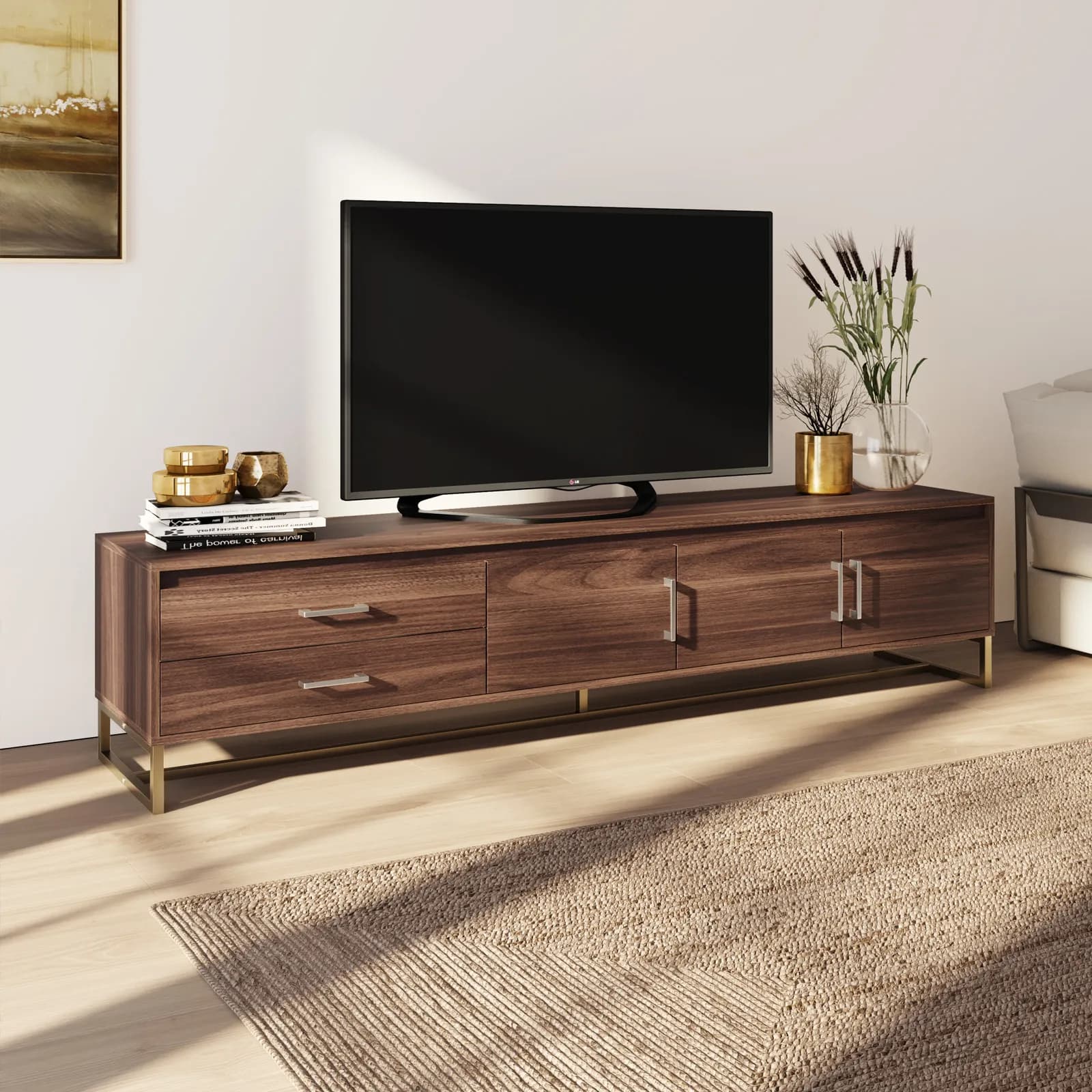 Mobile porta tv 202x46h cm in legno rovere scuro con gambe oro spazzolato e maniglie argento spazzolato - Tod