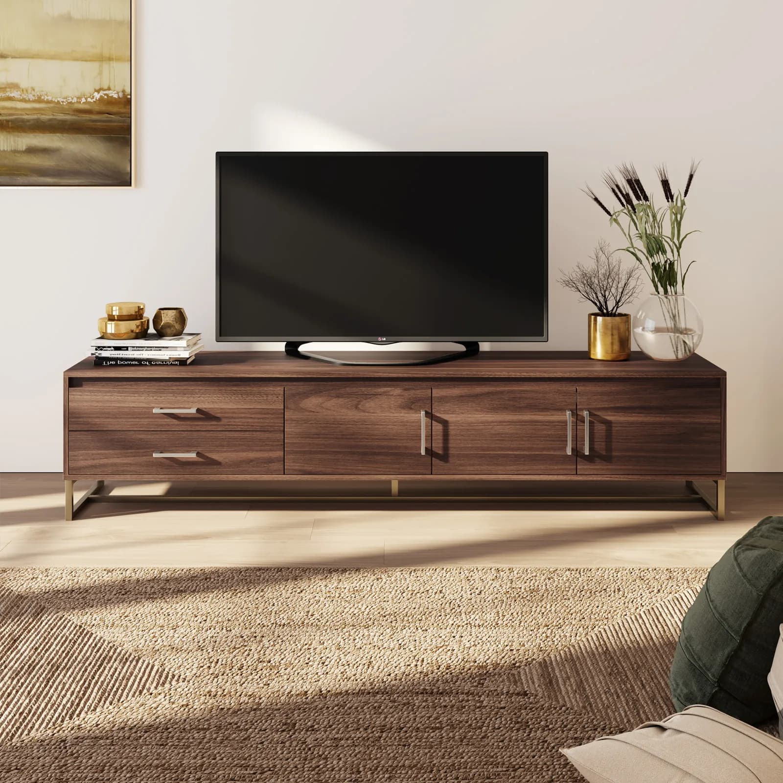 Mobile porta tv 202x46h cm in legno rovere scuro con gambe oro spazzolato e maniglie argento spazzolato - Tod