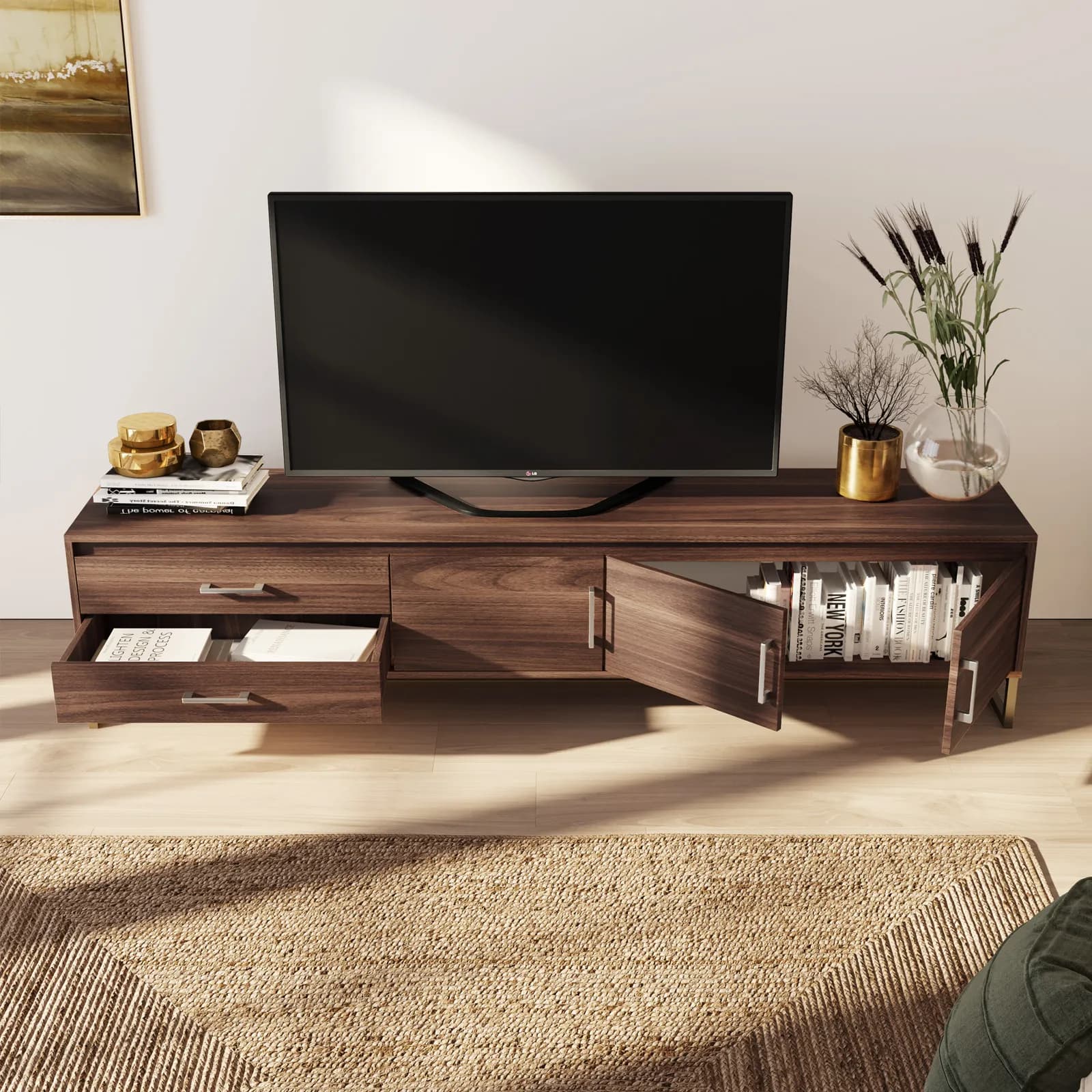Mobile porta tv 202x46h cm in legno rovere scuro con gambe oro spazzolato e maniglie argento spazzolato - Tod