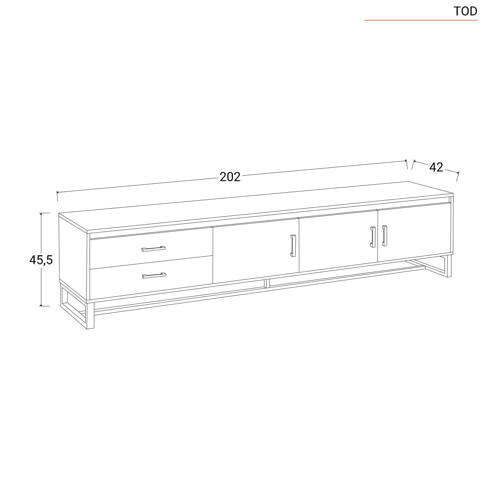 Mobile porta tv 202x46h cm in legno rovere scuro con gambe oro spazzolato e maniglie argento spazzolato - Tod