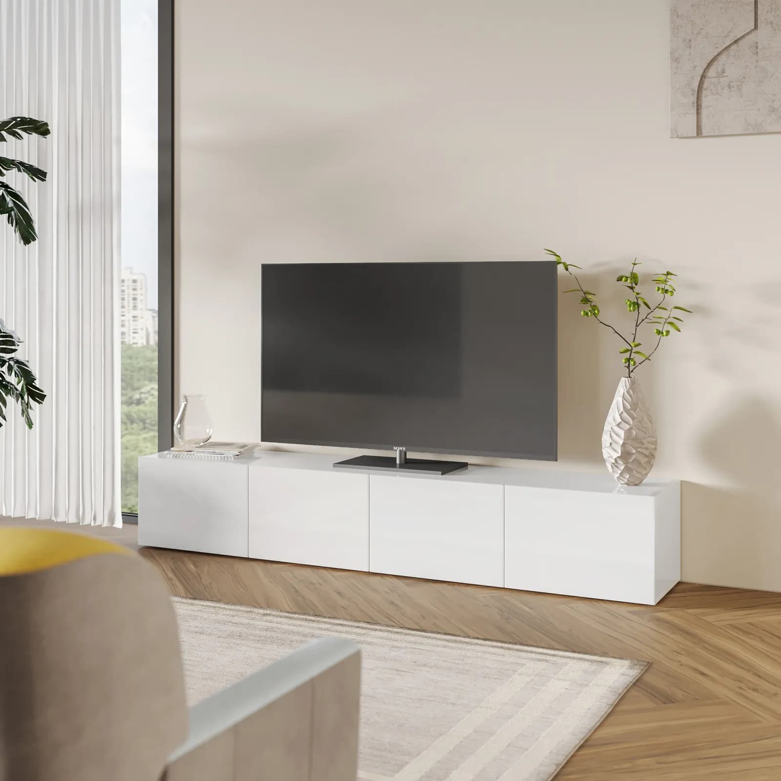 Mobile porta tv 225x39h cm bianco lucido con 4 ribalte - Merat