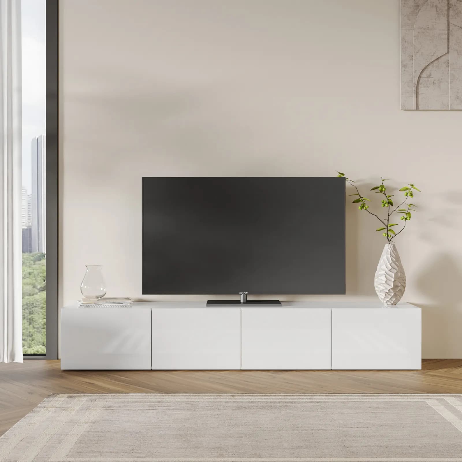 Mobile porta tv 225x39h cm bianco lucido con 4 ribalte - Merat