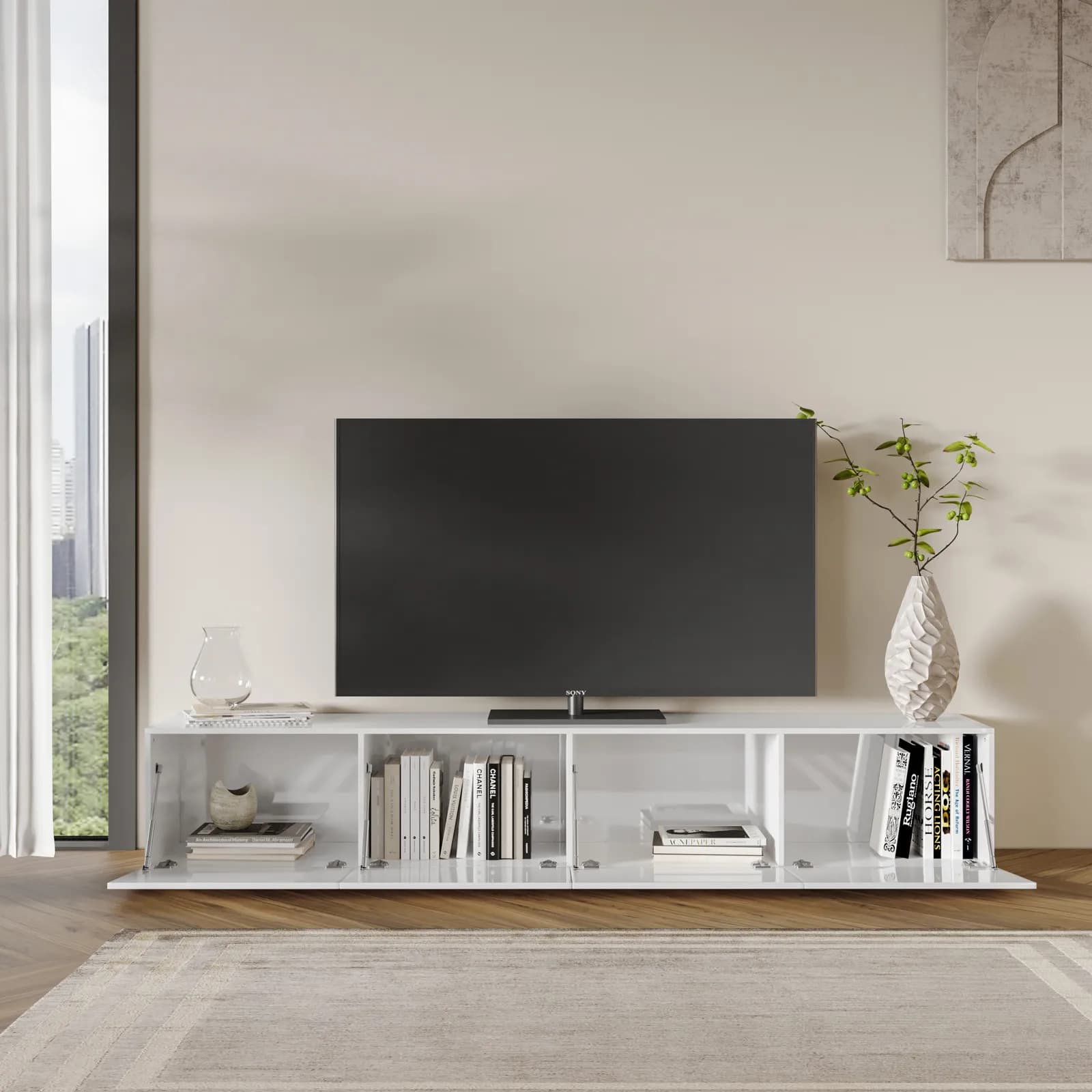 Mobile porta tv 225x39h cm bianco lucido con 4 ribalte - Merat
