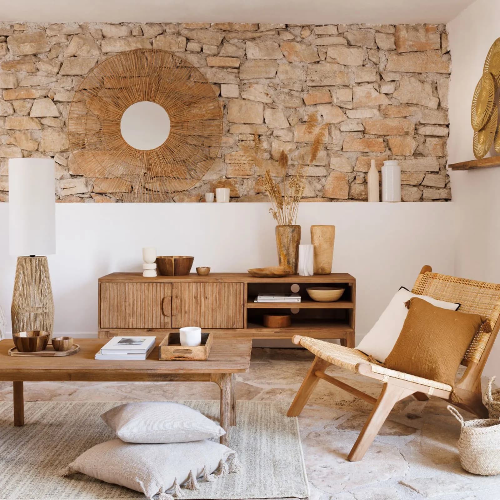 Mobile porta tv160x55h cm in legno di acacia cannettato naturale con 4 ante - Camilla