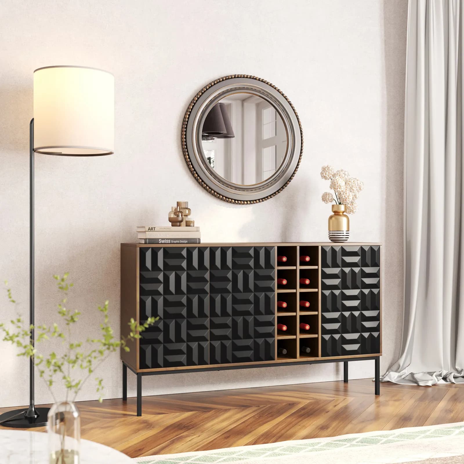 Madia 140x86h cm noce ombra e nero con motivo in rilievo con portabottiglie e 3 ante soft close - Museum