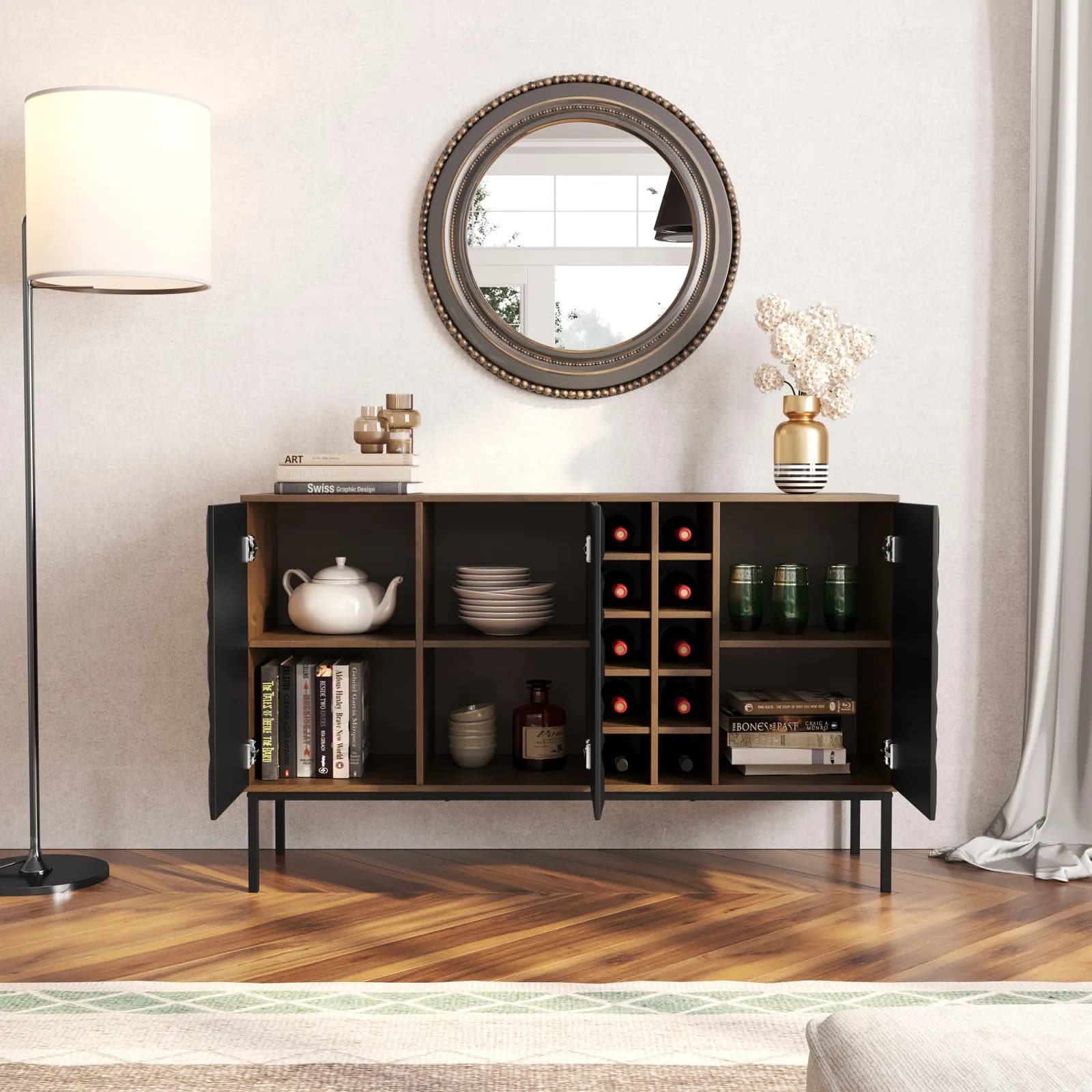 Madia 140x86h cm noce ombra e nero con motivo in rilievo con portabottiglie e 3 ante soft close - Museum