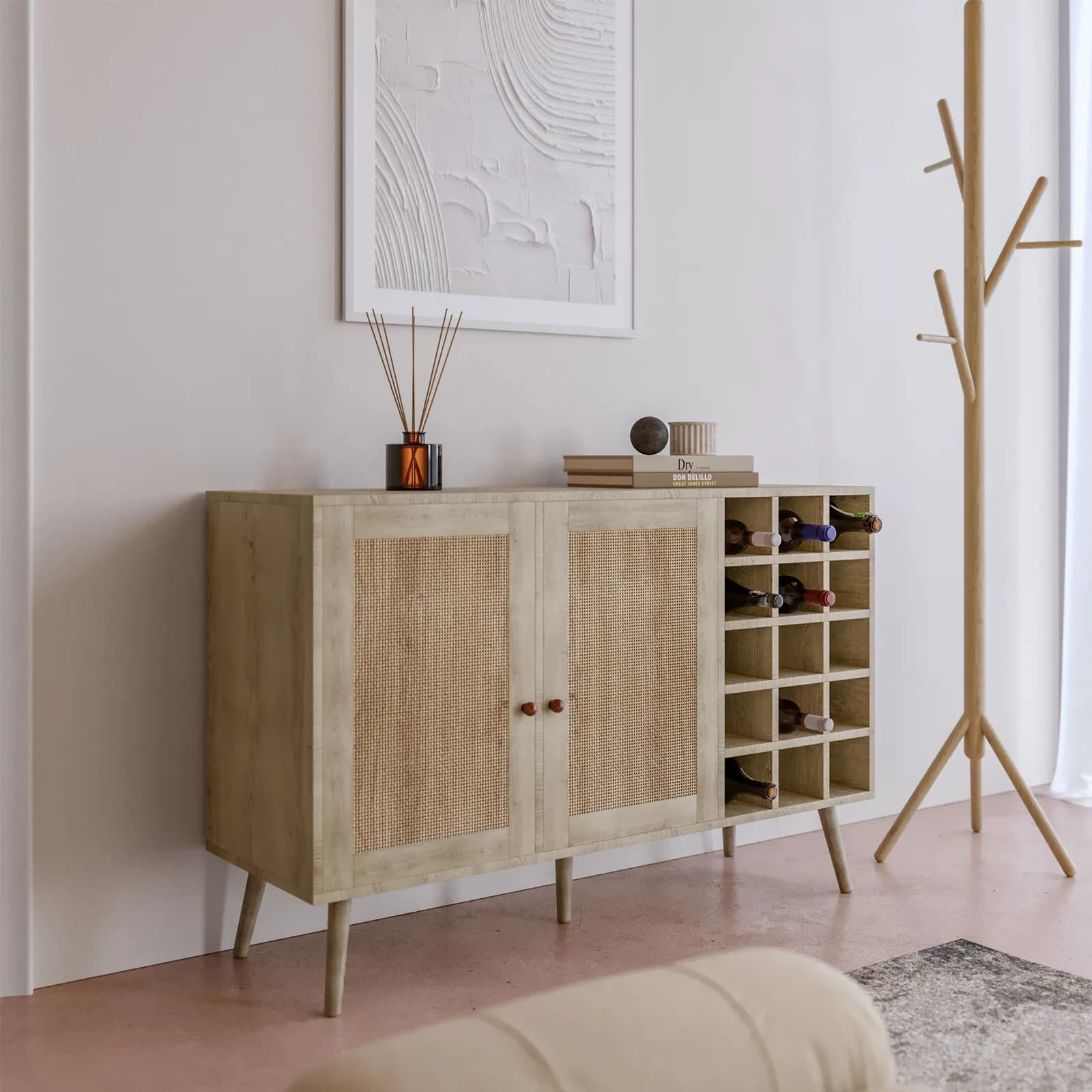 Madia 120x71h cm in legno naturale con portabottiglie e 2 ante in rattan - Boheme