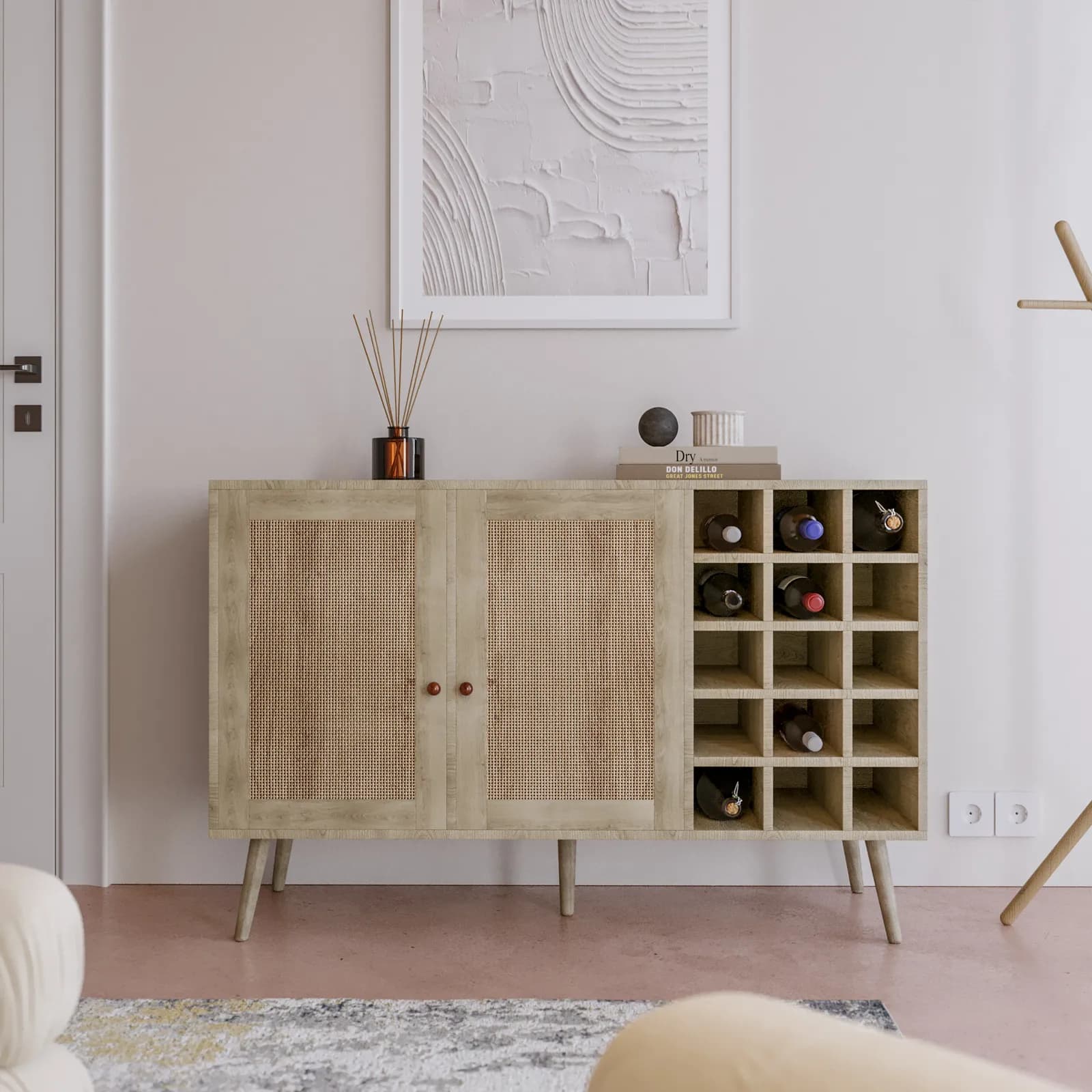 Madia 120x71h cm in legno naturale con portabottiglie e 2 ante in rattan - Boheme