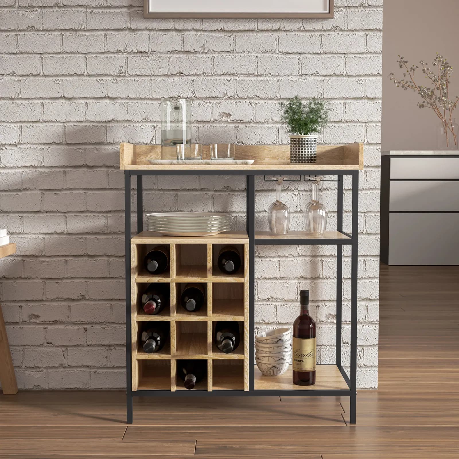 Mobile portabottiglie 70x82h cm in metallo nero e legno effetto rovere - Tipar