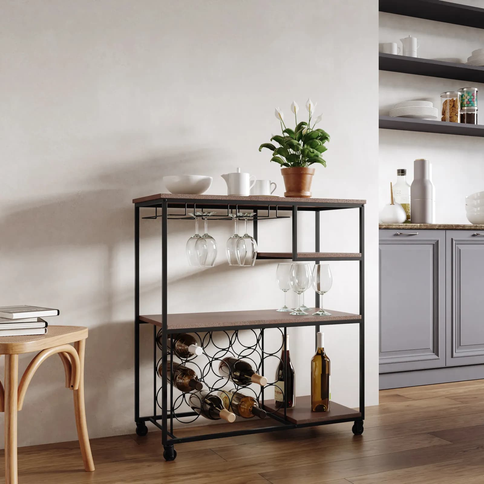 Mobile portabottiglie 80x88h cm in metallo nero e legno noce - Cellar