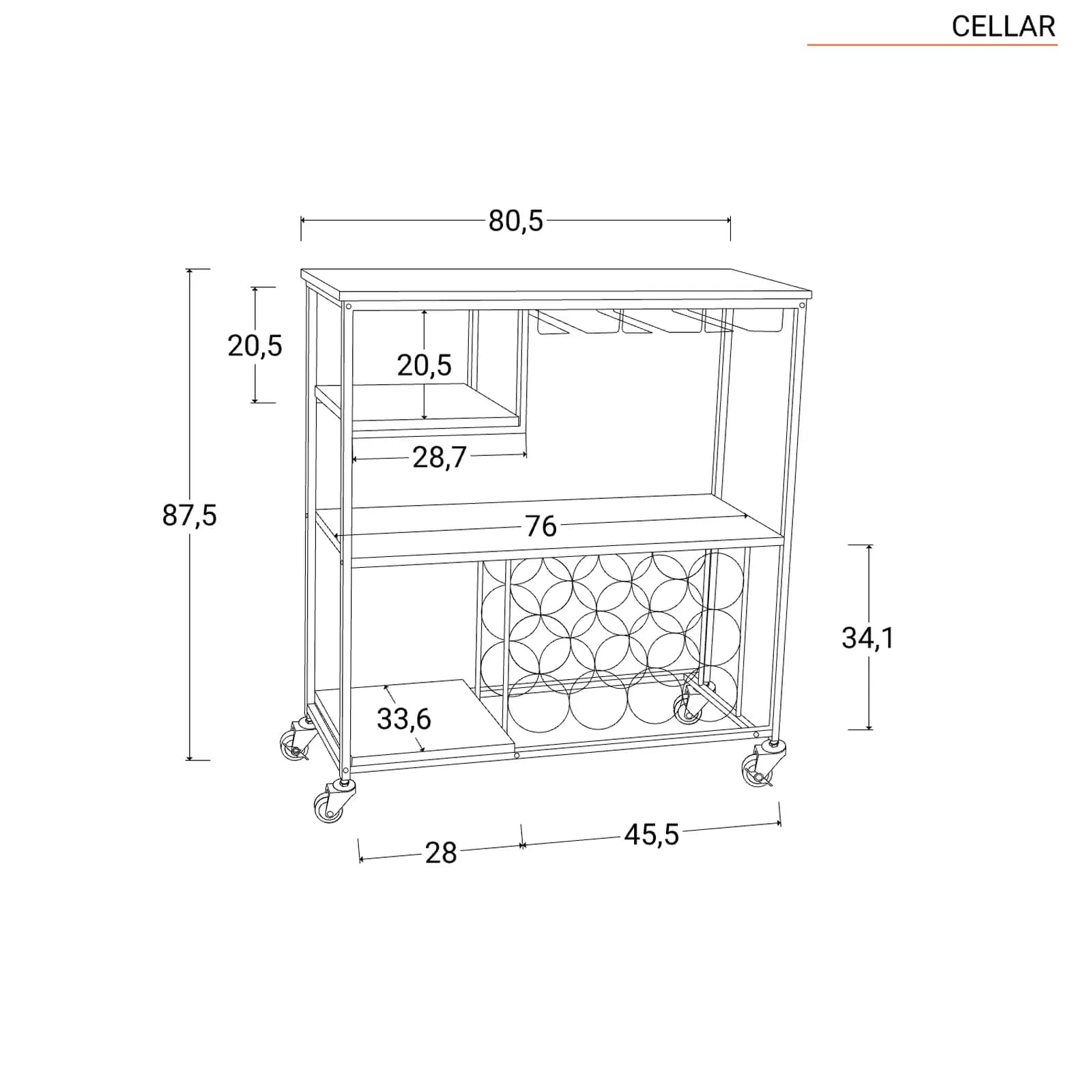 Mobile portabottiglie 80x88h cm in metallo nero e legno noce - Cellar