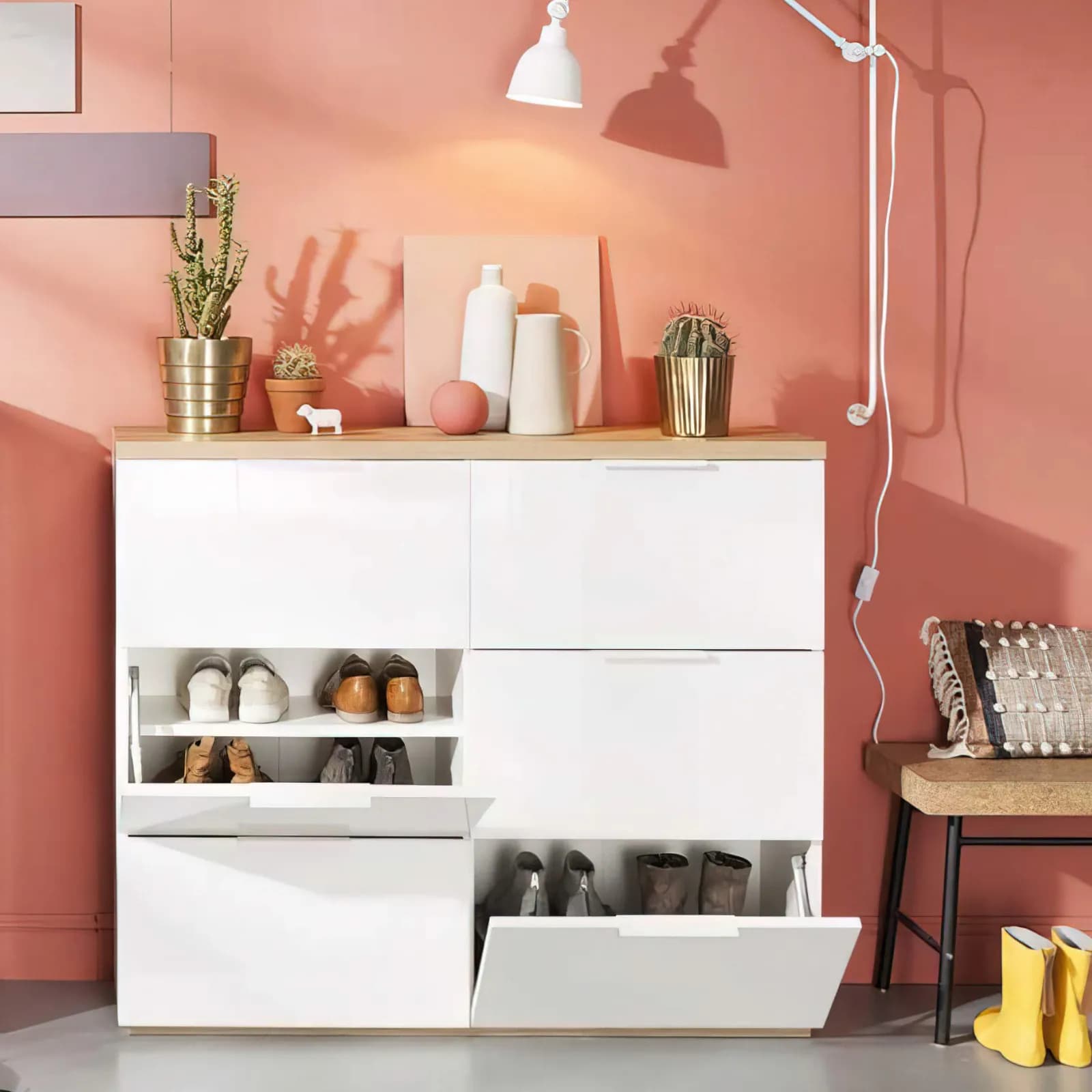 Mobile scarpiera con 6 ante a ribalta 120 cm bianco lucido e legno frassino - Boras hallway