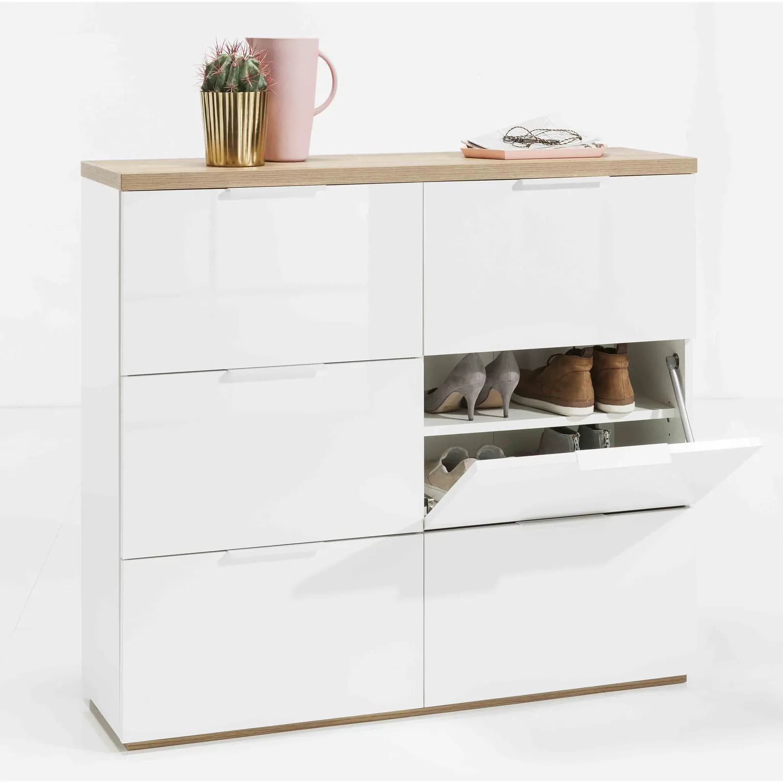 Mobile scarpiera con 6 ante a ribalta 120 cm bianco lucido e legno frassino - Boras hallway