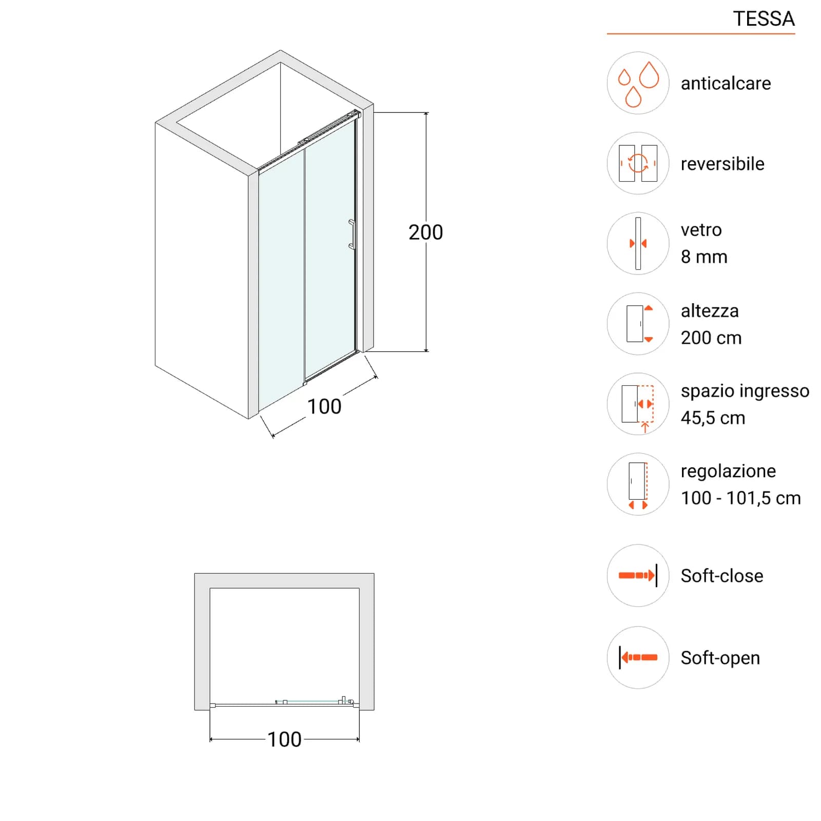 Box doccia nicchia 100 scorrevole cm in vetro temperato fumé profilo nero opaco 200 h - Tessa