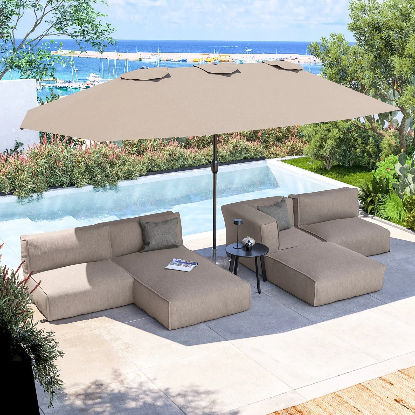 Ombrellone da giardino 4,6x2,6 m palo centrale telo tortora - Vieste