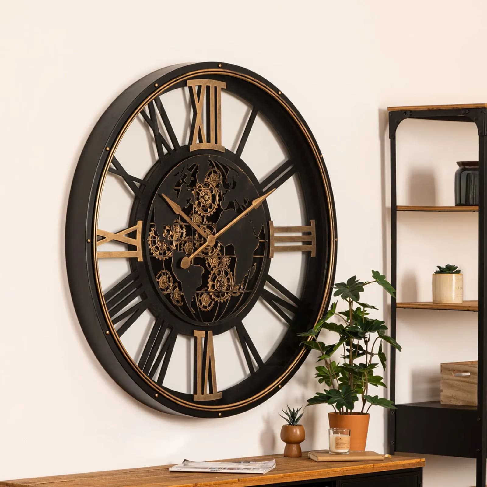 Orologio da parete rotondo 110 cm in acciaio nero e oro fantasia mappamondo