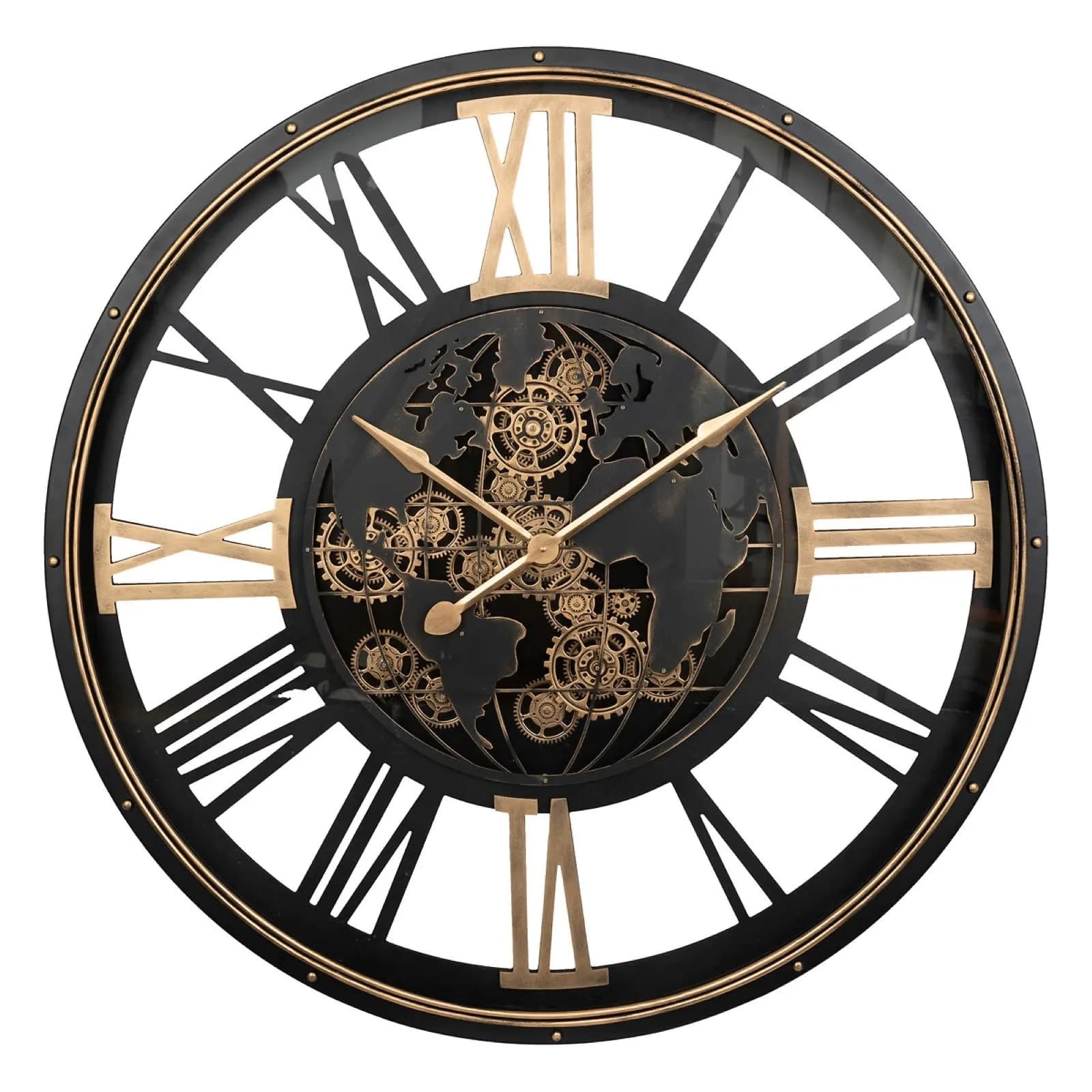 Orologio da parete rotondo 110 cm in acciaio nero e oro fantasia mappamondo