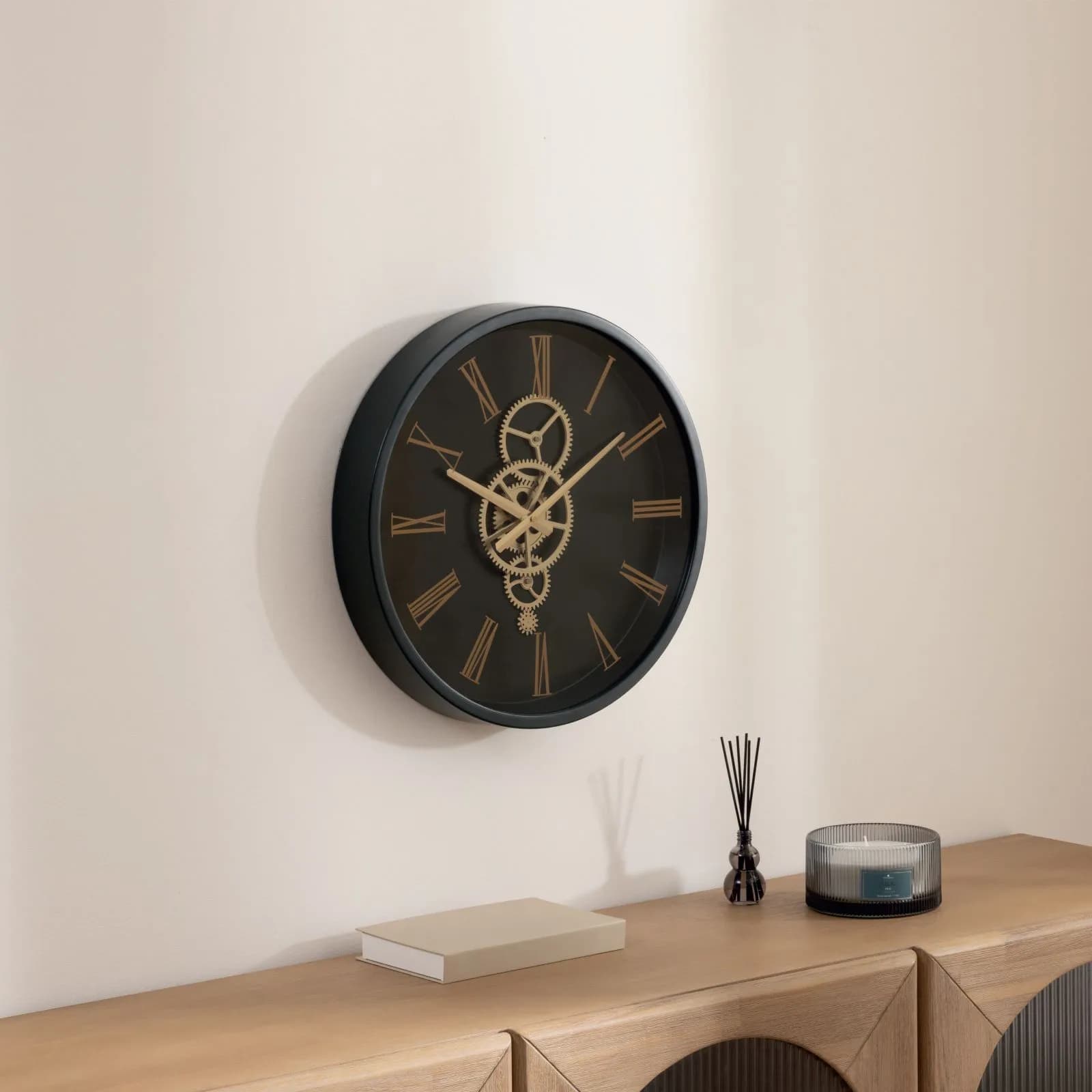 Orologio da parete rotondo 46 cm in acciaio petrolio e oro con ingranaggi mobili