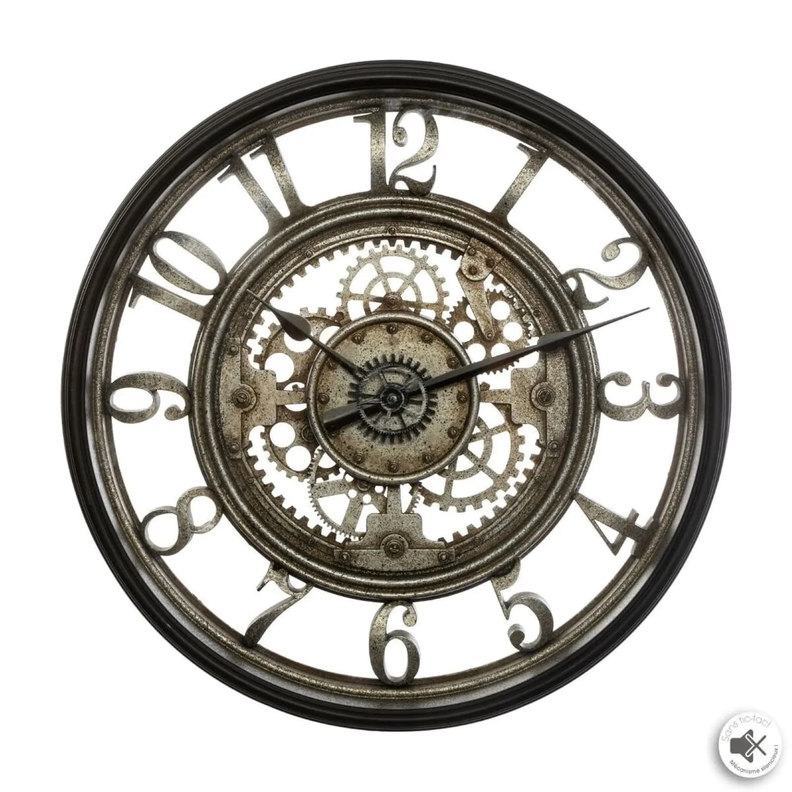 Orologio da parete rotondo 50 cm effetto metallo ossidato e nero con ingranaggi a vista