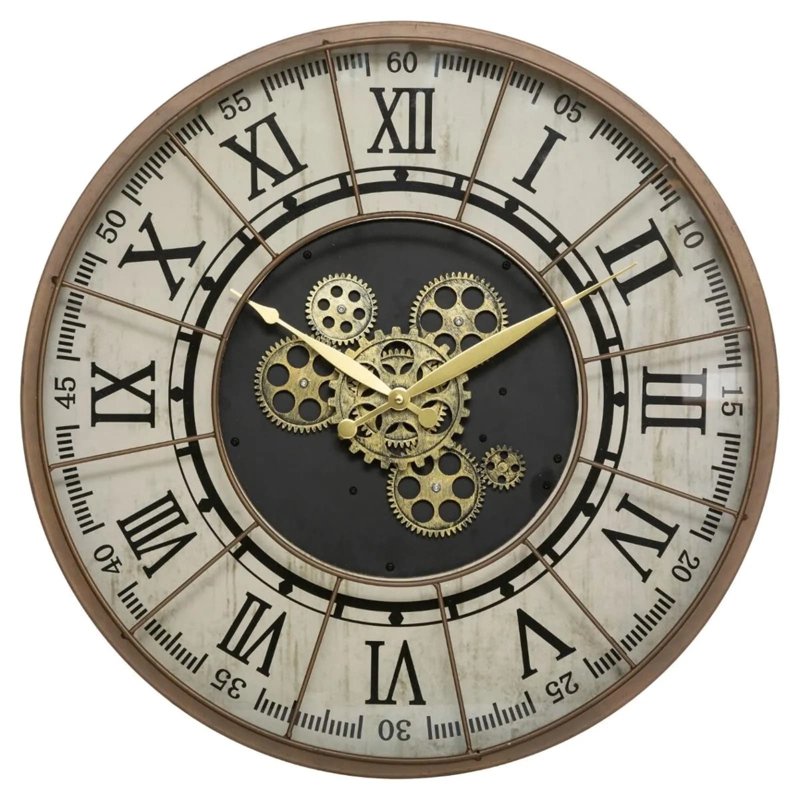 Orologio da parete rotondo 57 cm in legno e metallo color bronzo con ingranaggi oro