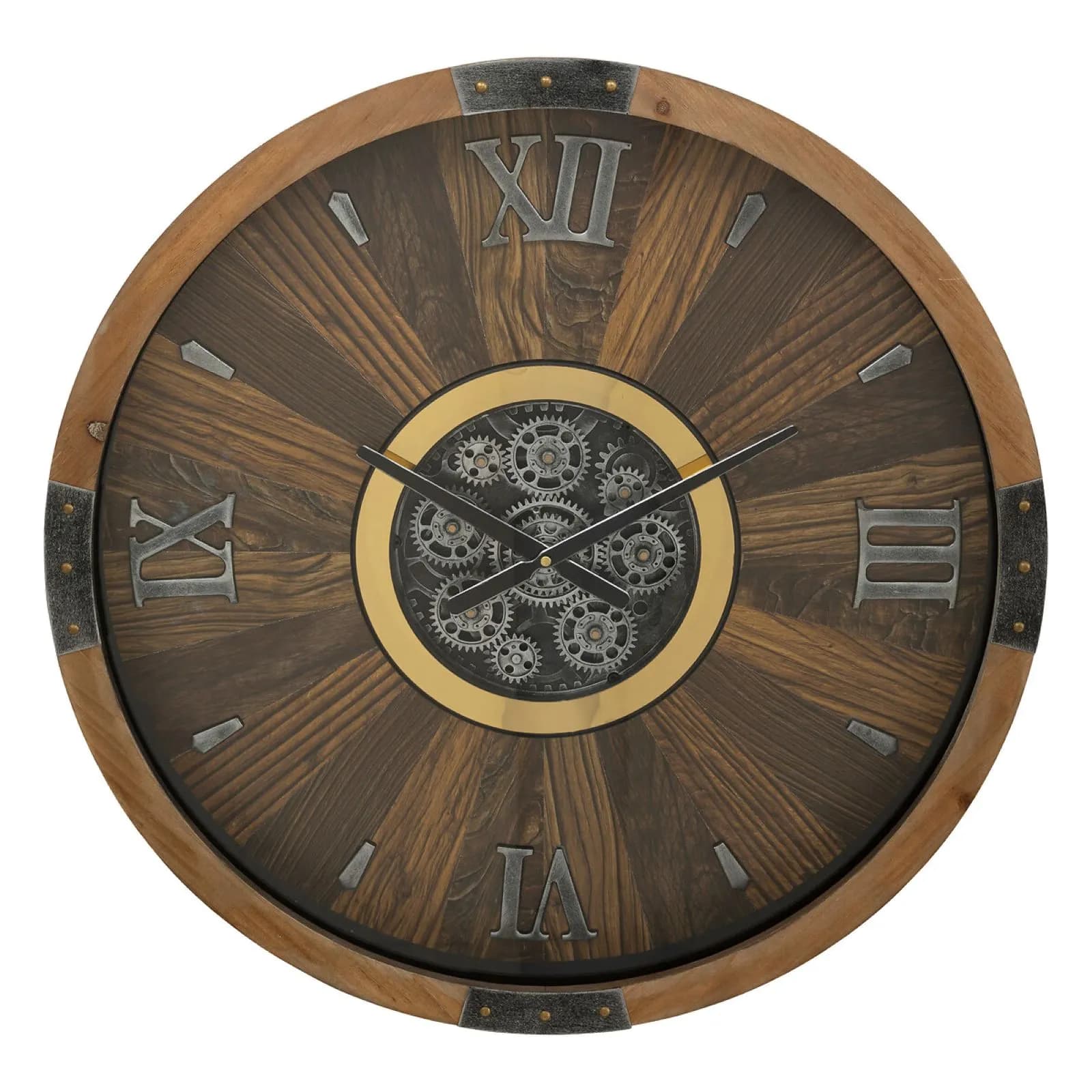 Orologio da parete rotondo 63 cm in legno scuro e oro con ingranaggi mobili