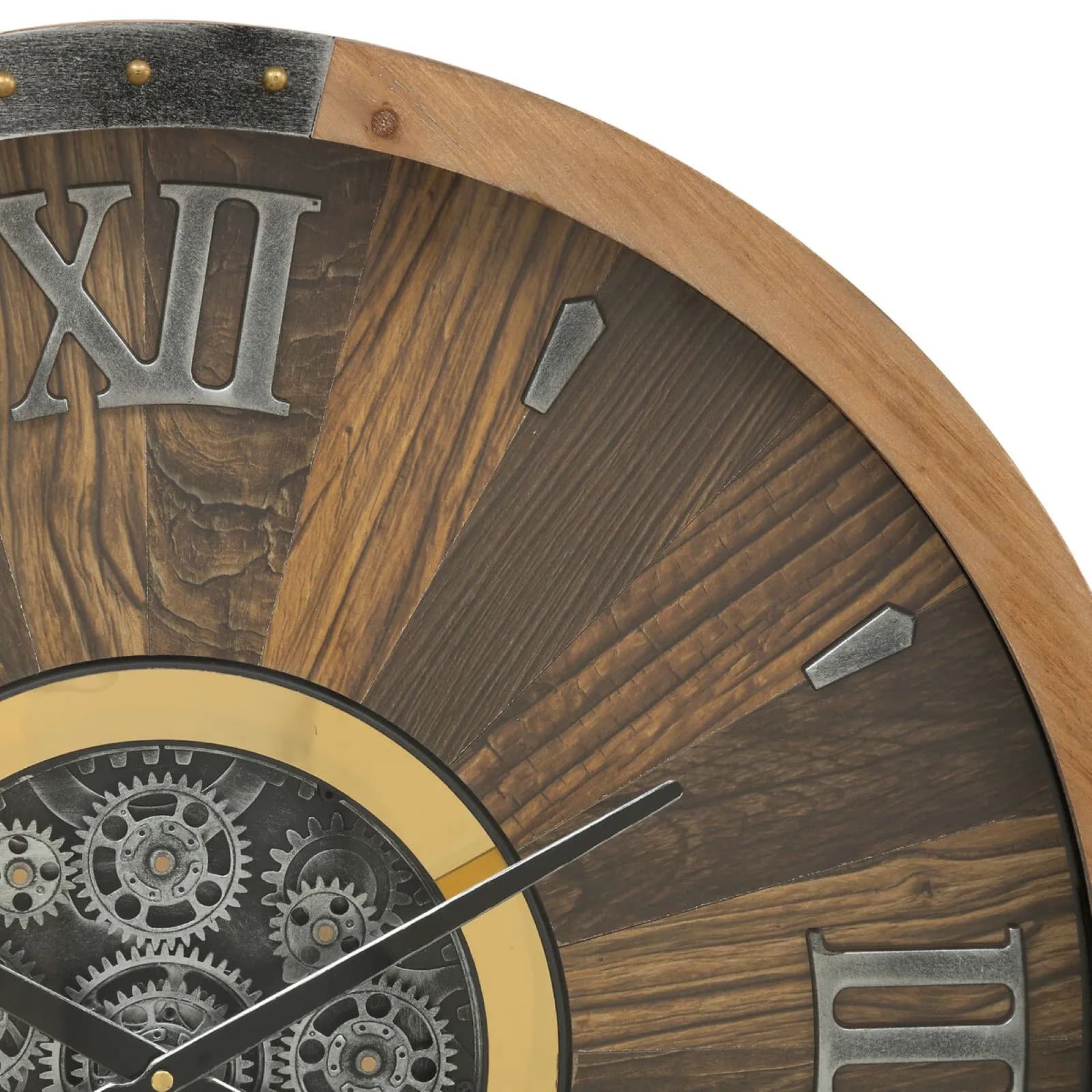 Orologio da parete rotondo 63 cm in legno scuro e oro con ingranaggi mobili